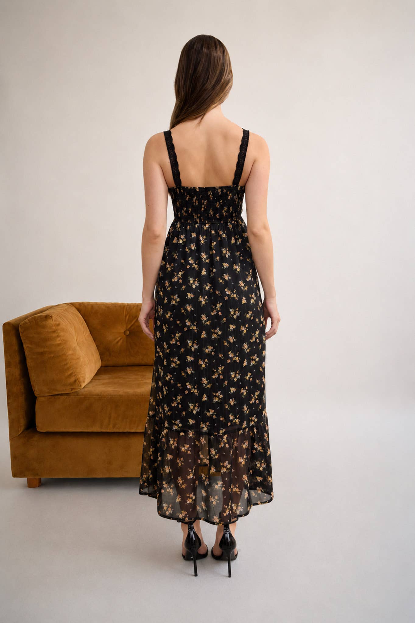 FLORAL GLITTER LACE TRIM MIDI DRESS