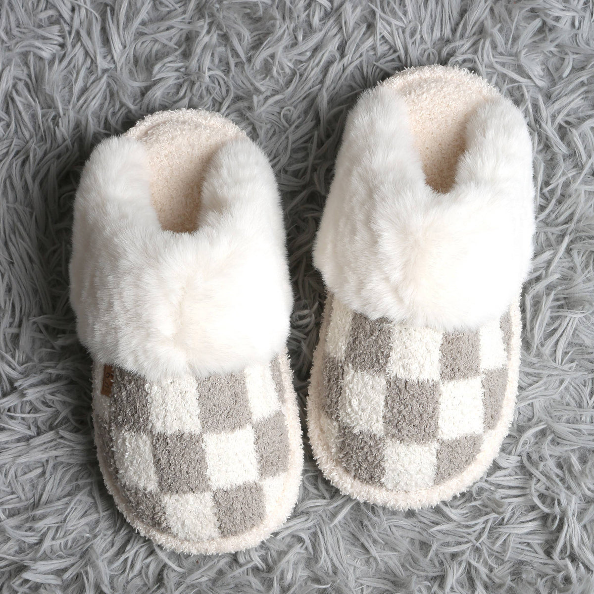 Checkered Faux Fur Cuff Mule Winter Slippers