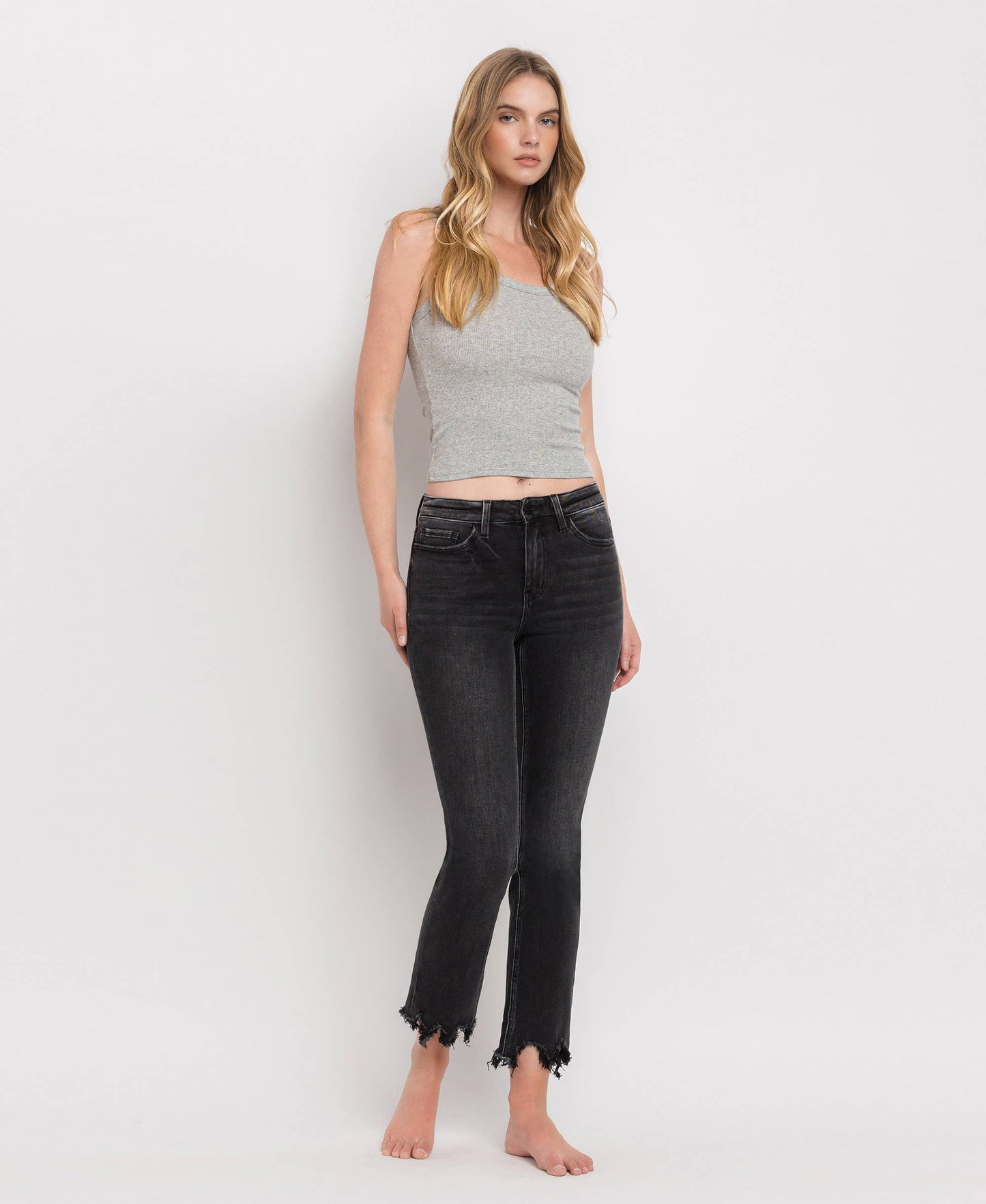 BLACK HIGH RISE DISTRESSED UNEVEN HEM SLIM STRAIGHT  JEANS