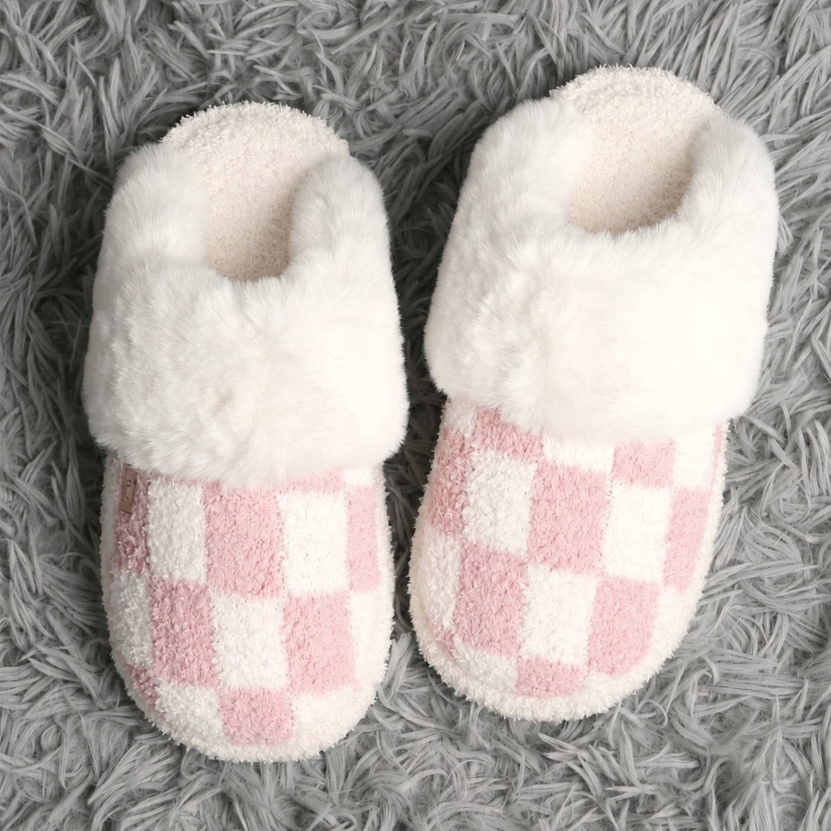 Checkered Faux Fur Cuff Mule Winter Slippers