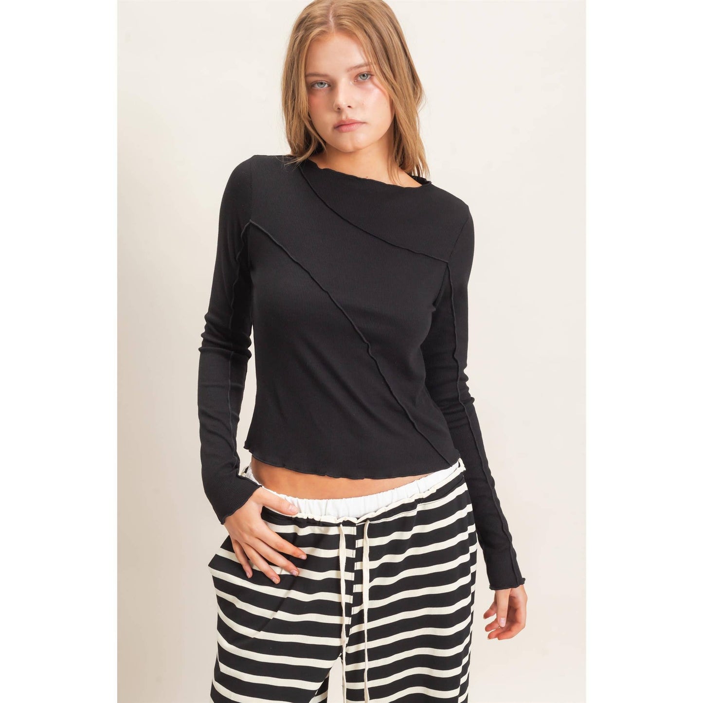 Ruffled Ribbed Long Sleeve Top