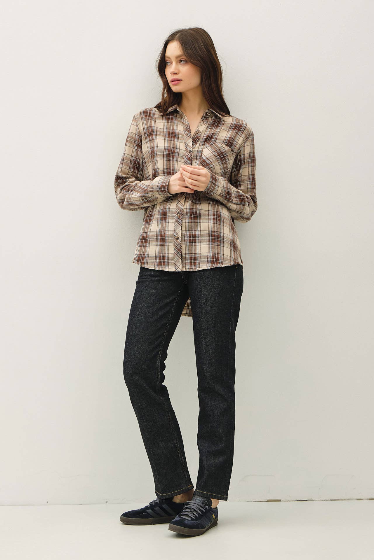 BROWNY PLAID FLANNEL BUTTON UP LONG SLEEVE SHIRT
