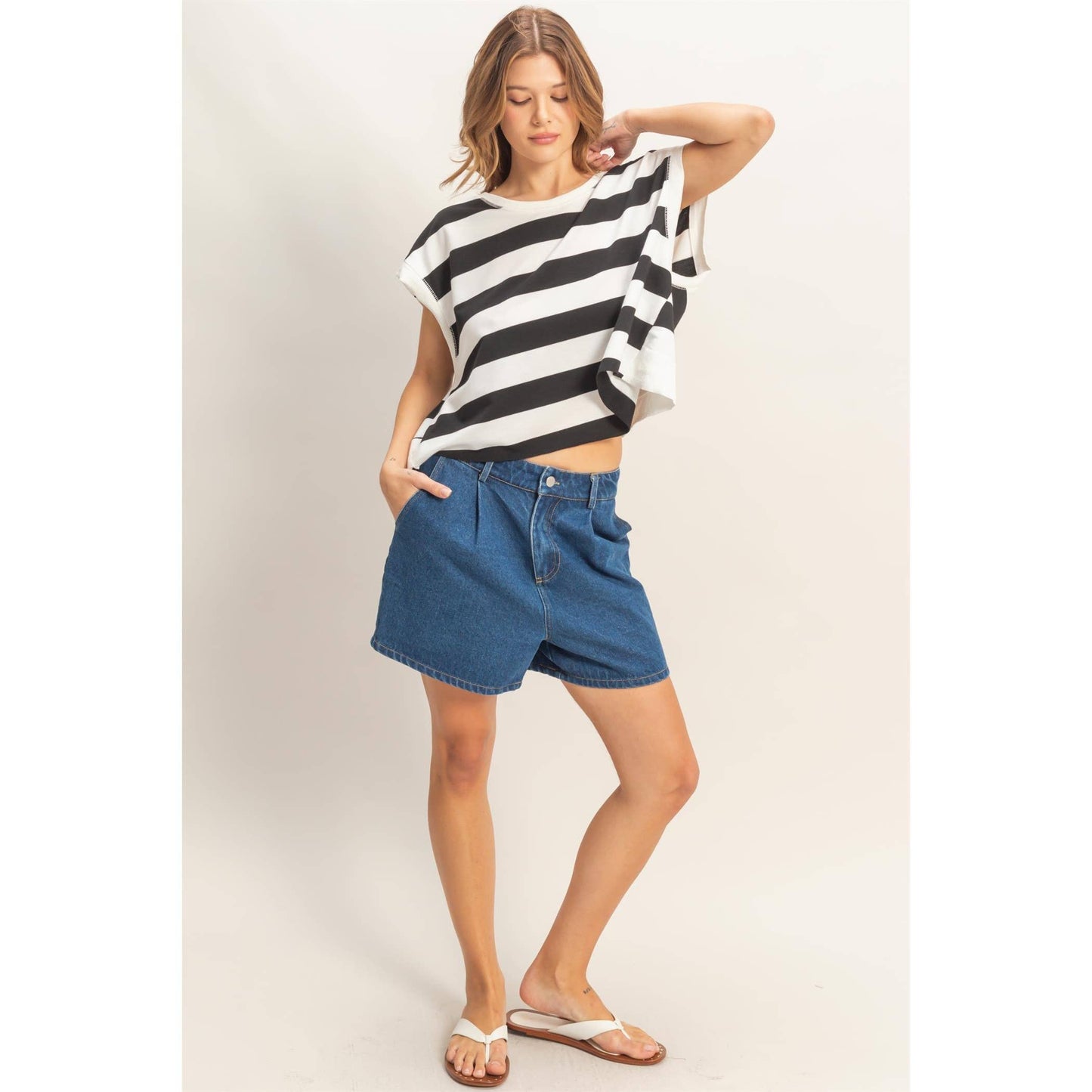 Striped open backCrew Neck Top