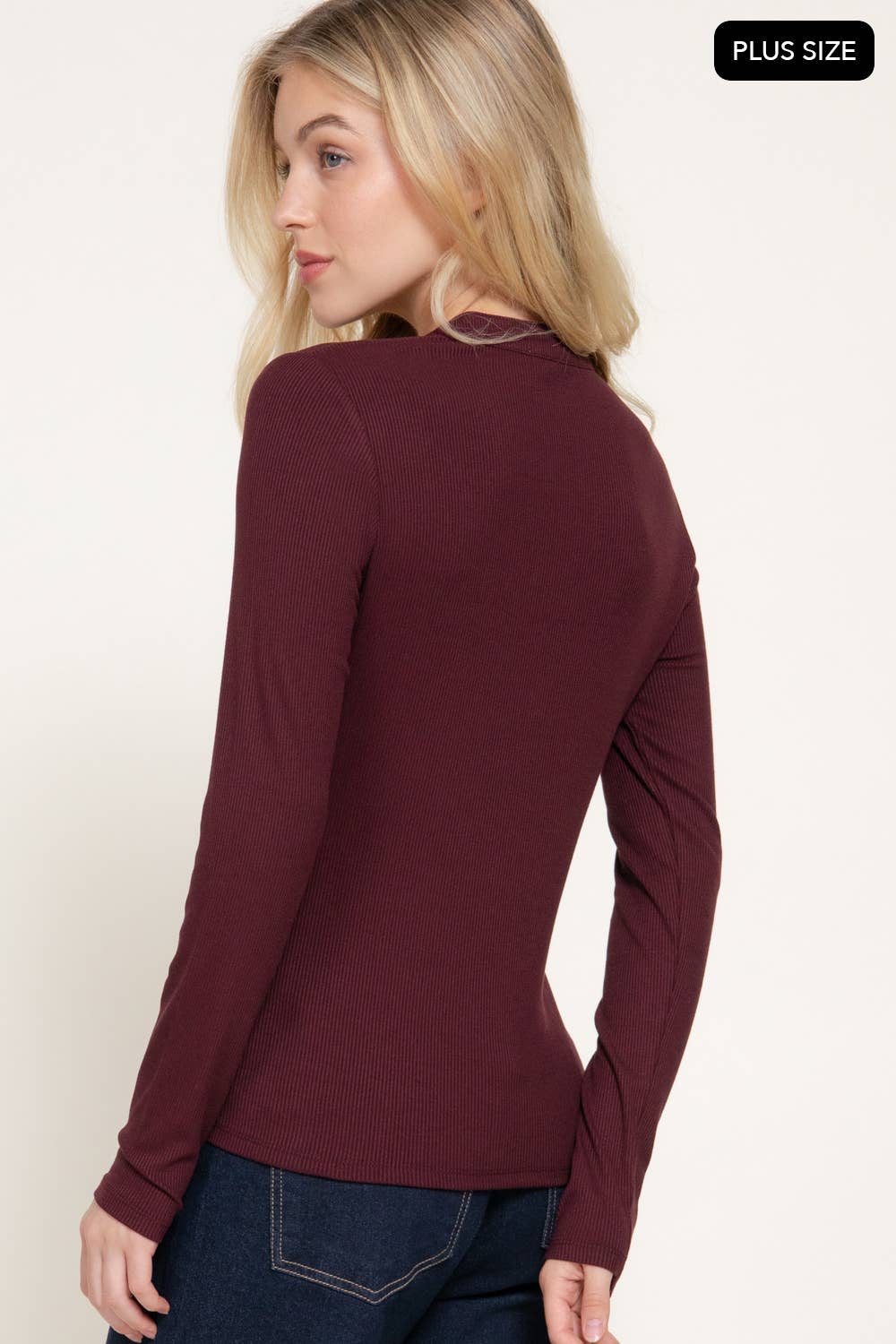 [PLUS SIZE] Long Sleeve Henley Neck Ribbed Top