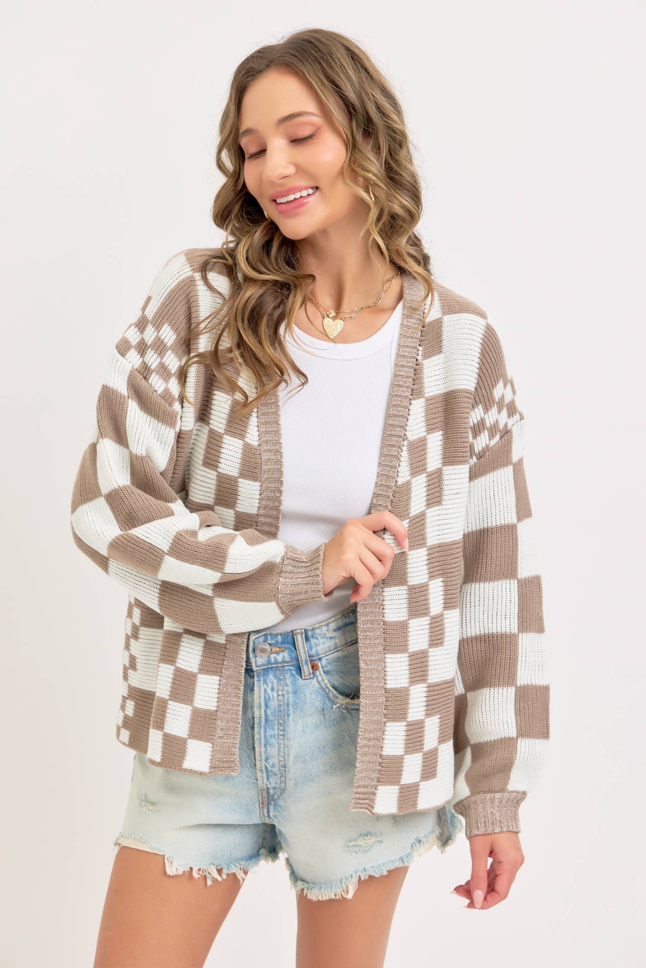 MIXED CHECKERED KNIT OPEN FRONT CARDIGAN