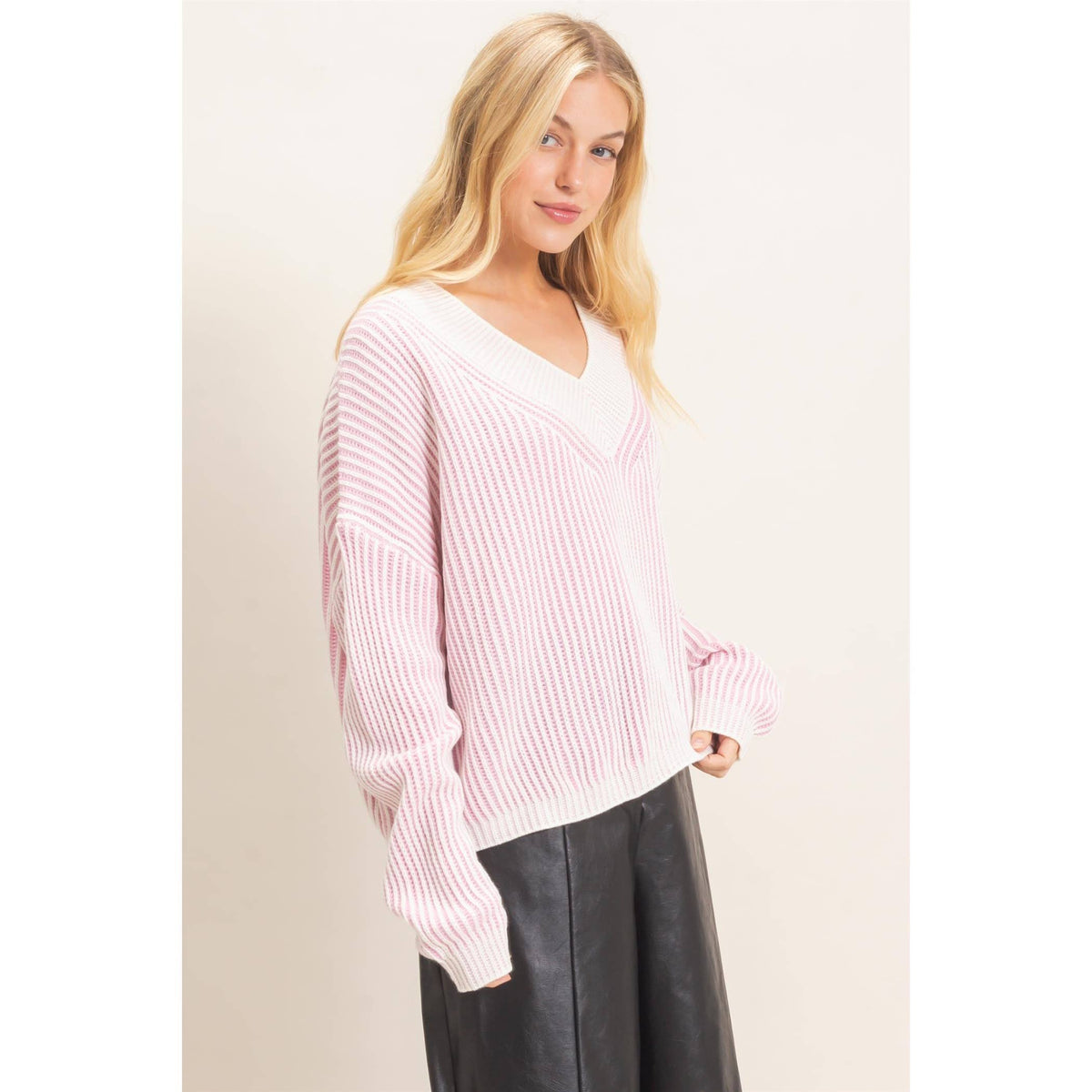 Striped V-Neck Ribbed Sweater