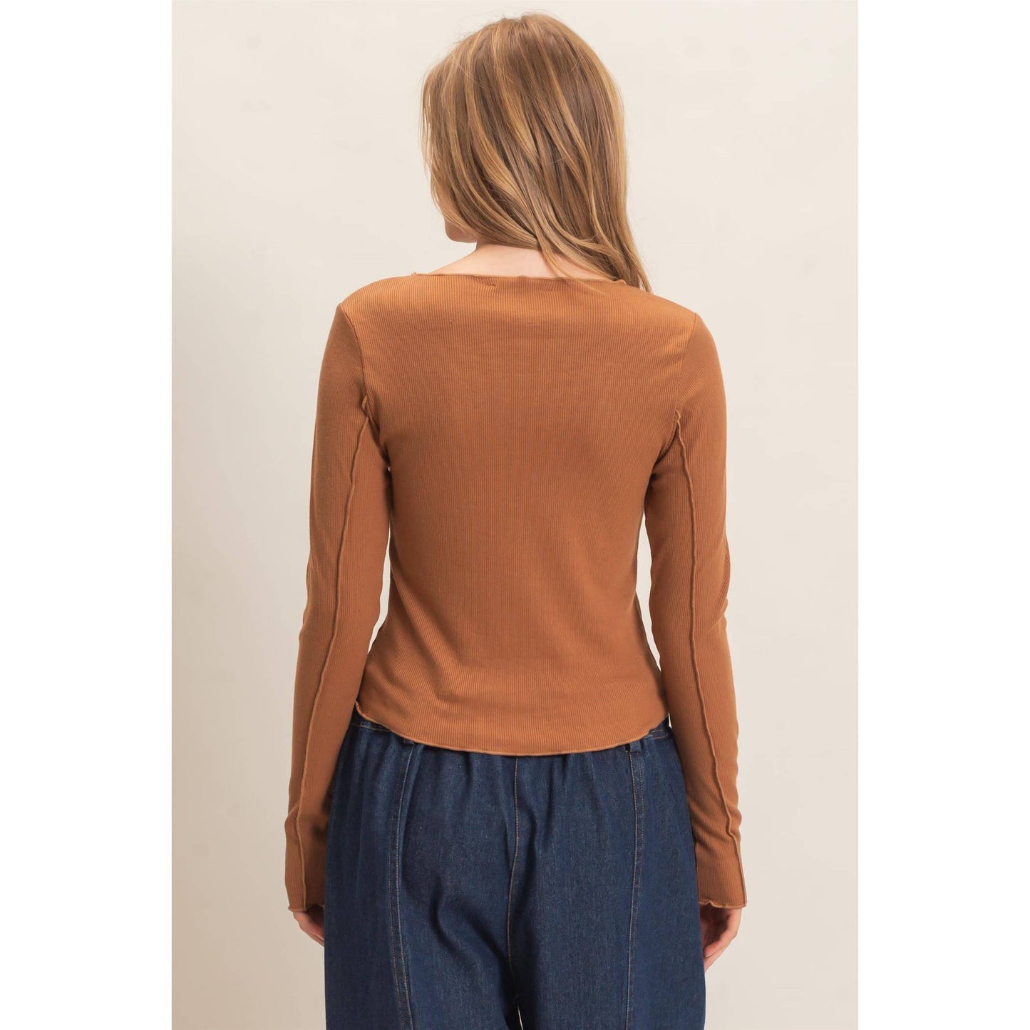 Ruffled Ribbed Long Sleeve Top