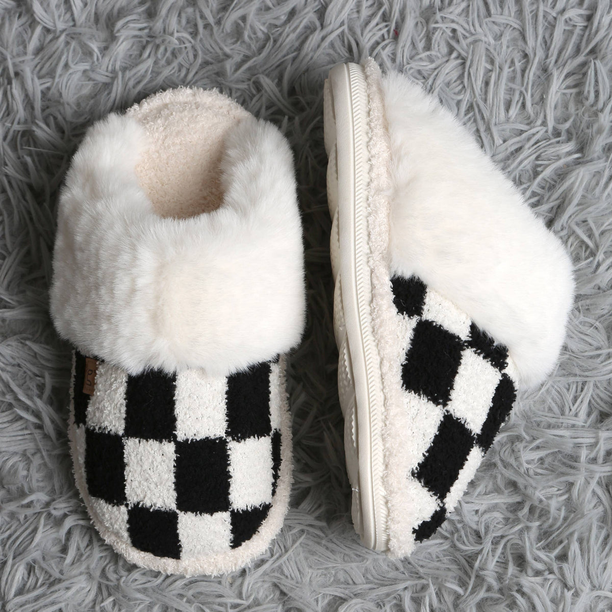 Checkered Faux Fur Cuff Mule Winter Slippers
