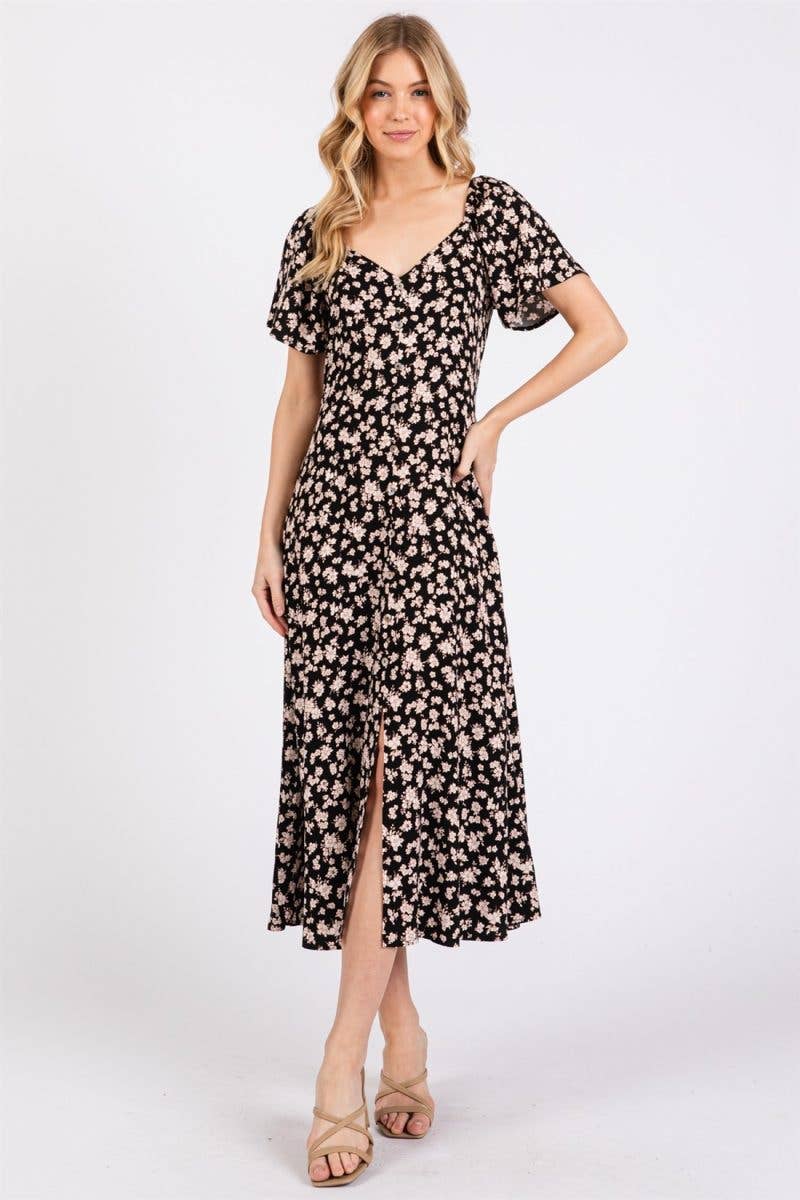Ditzy Printed Princess Neckline Flare Sleeve Midi
