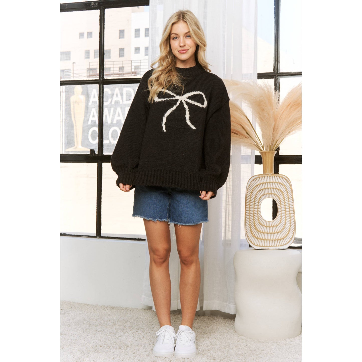 BIG BOW CONTRAST JAQUARD SWEATER PULLOVER