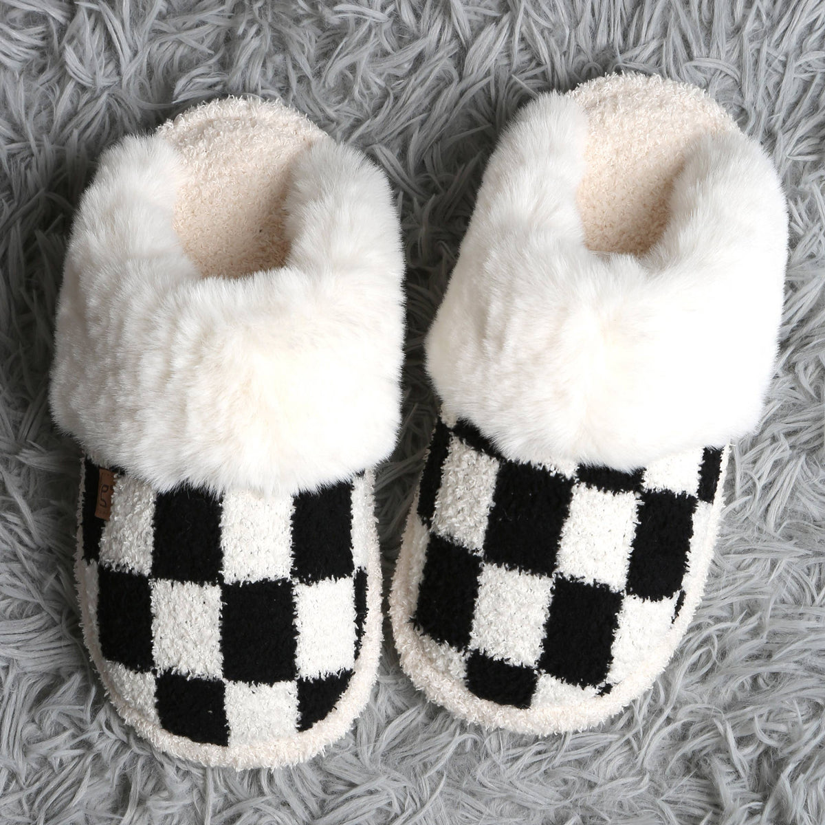 Checkered Faux Fur Cuff Mule Winter Slippers