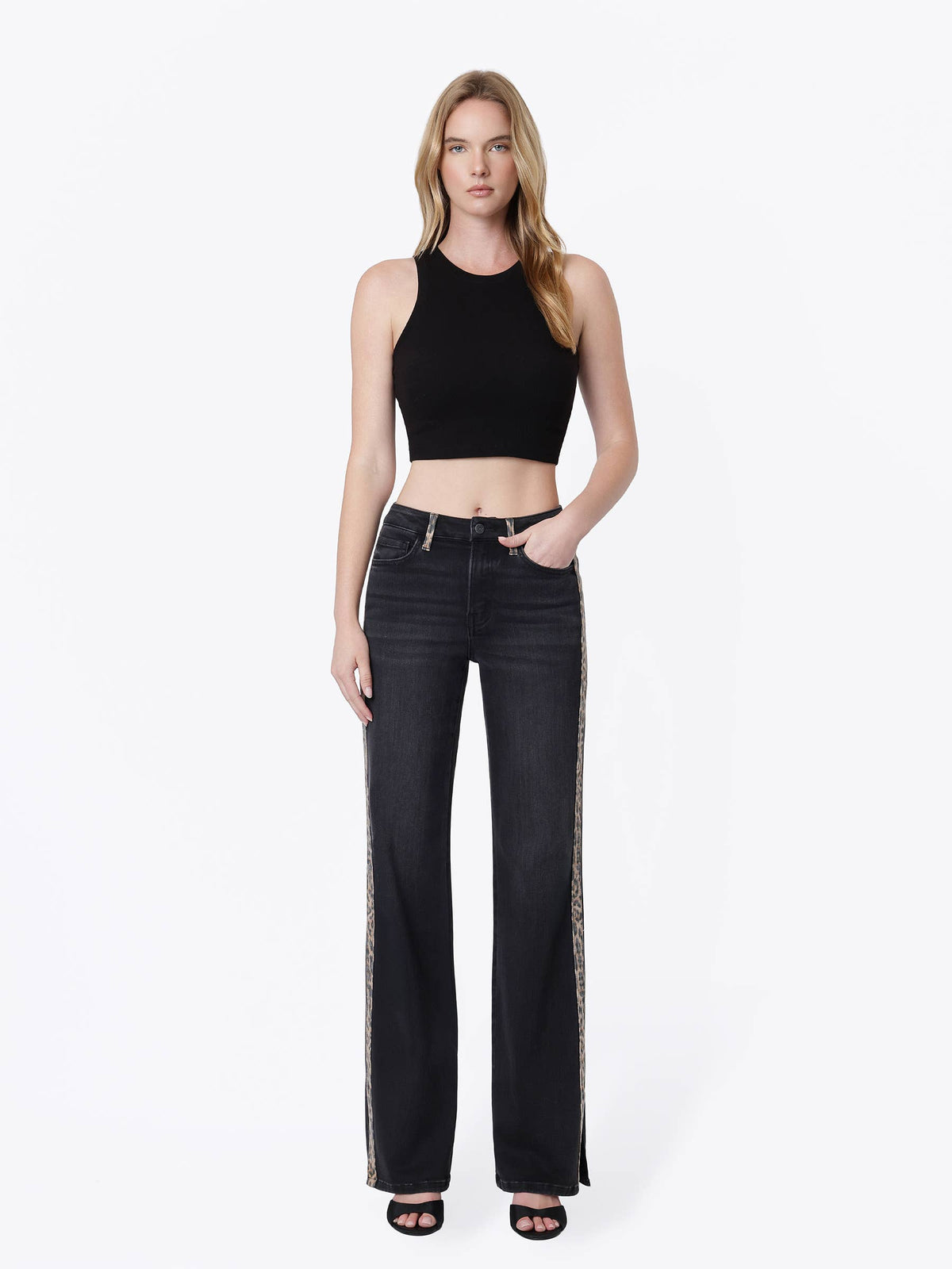 HIGH RISE SIDE LEOPARD STRIP VINTAGE FLARE JEANS T7595BKD