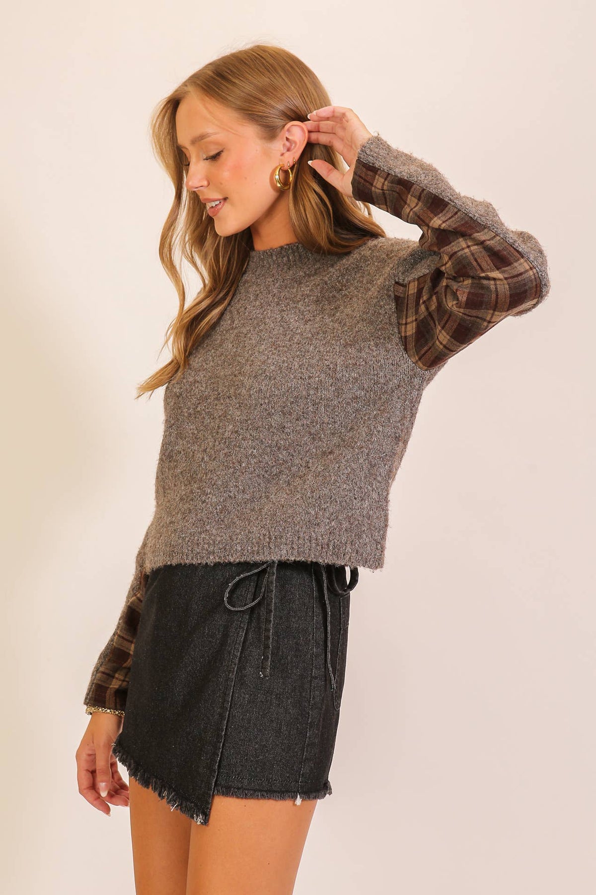 Plaid Contrast Sleeve Mock Neck Sweater