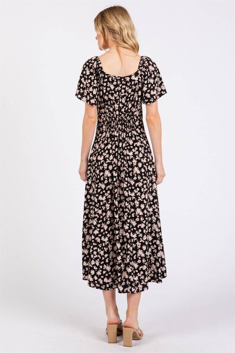 Ditzy Printed Princess Neckline Flare Sleeve Midi