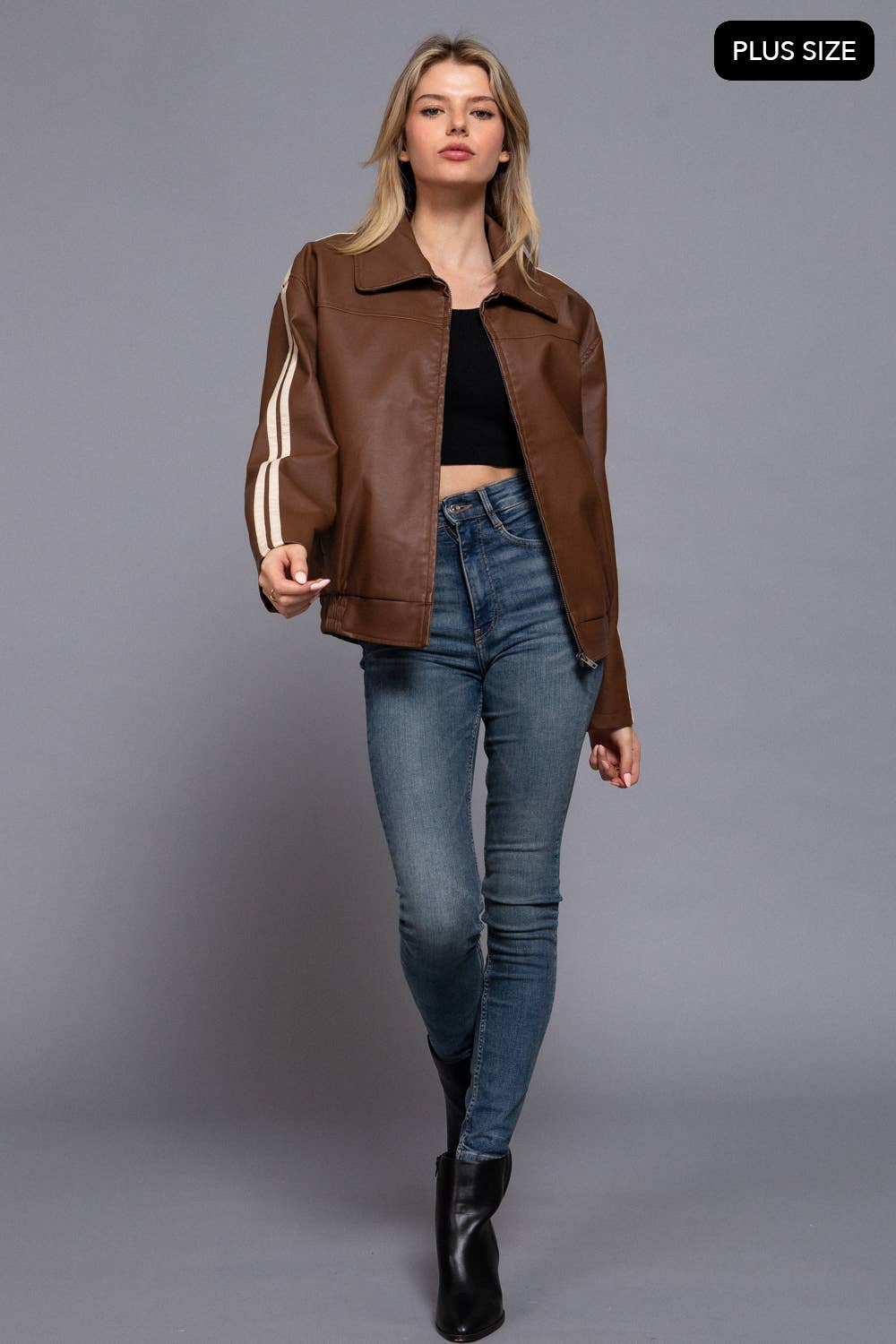 [PLUS SIZE] Long Sleeve Line Detail Faux Leather Jacket