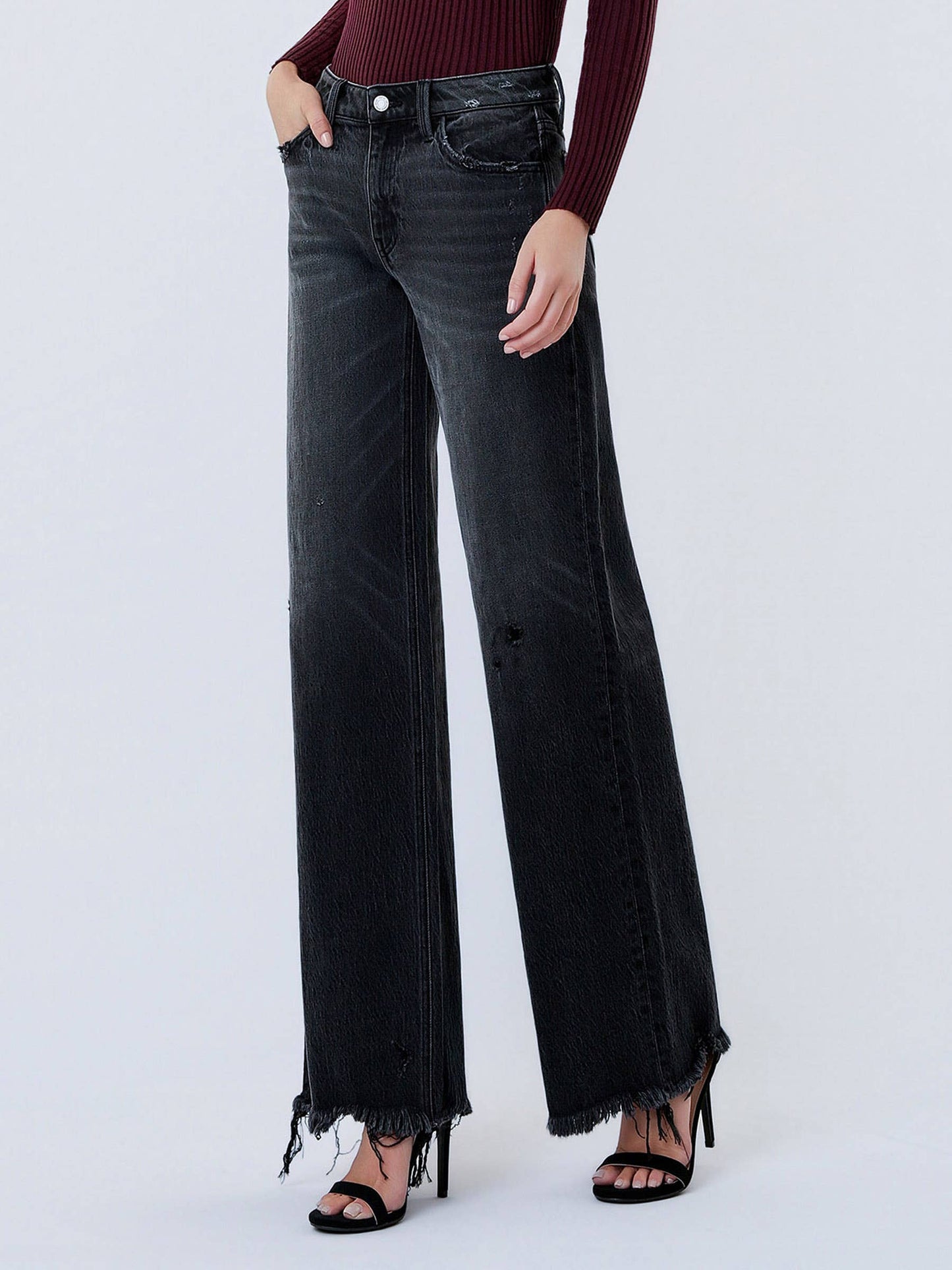 JANE MID RISE DISTRESSED HEM BLACK WIDE LEG  JEANS T7320BK