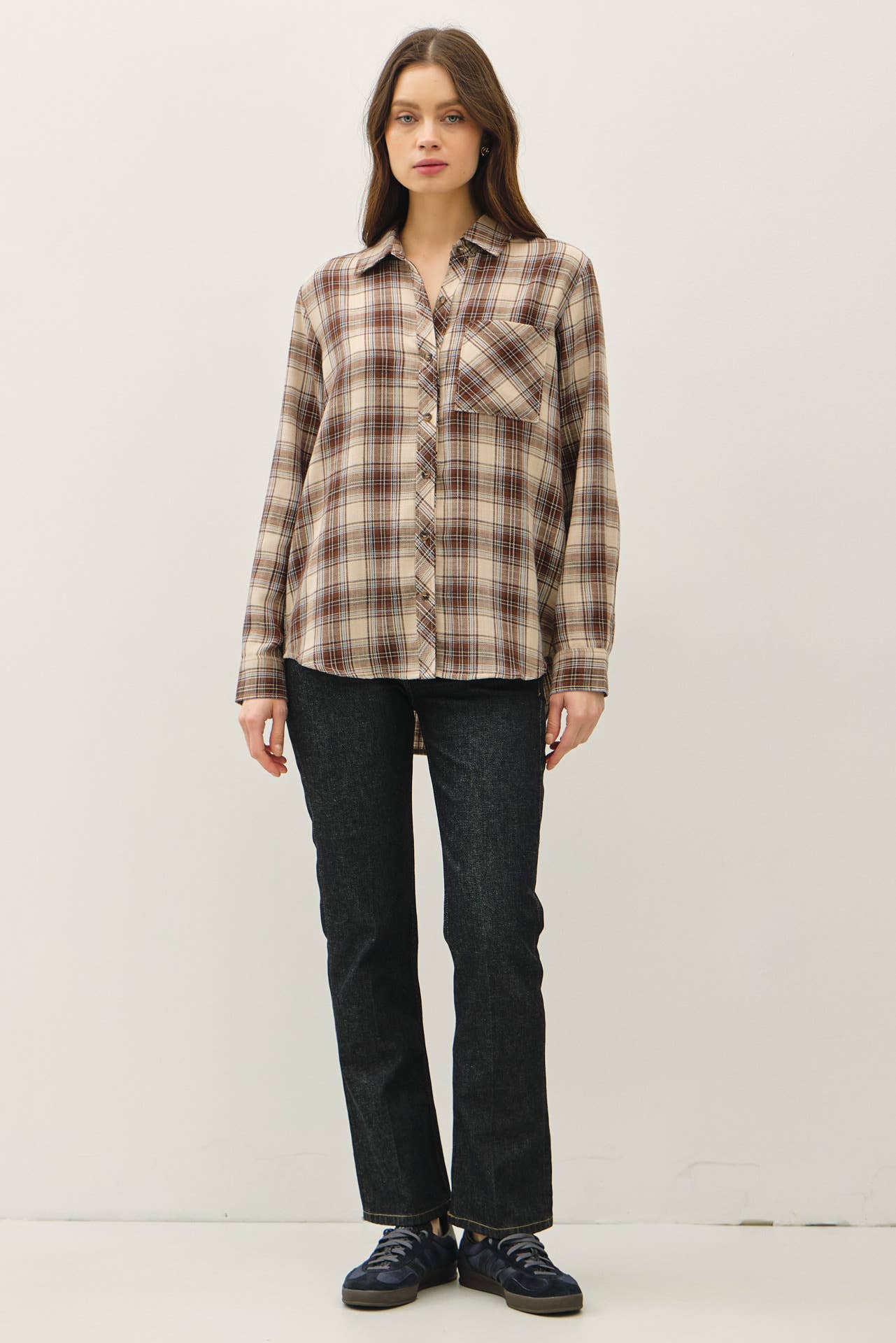 BROWNY PLAID FLANNEL BUTTON UP LONG SLEEVE SHIRT