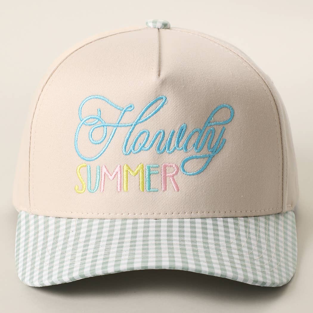 Howdy Summer Embroidered Gingham Brim Trucker Hat