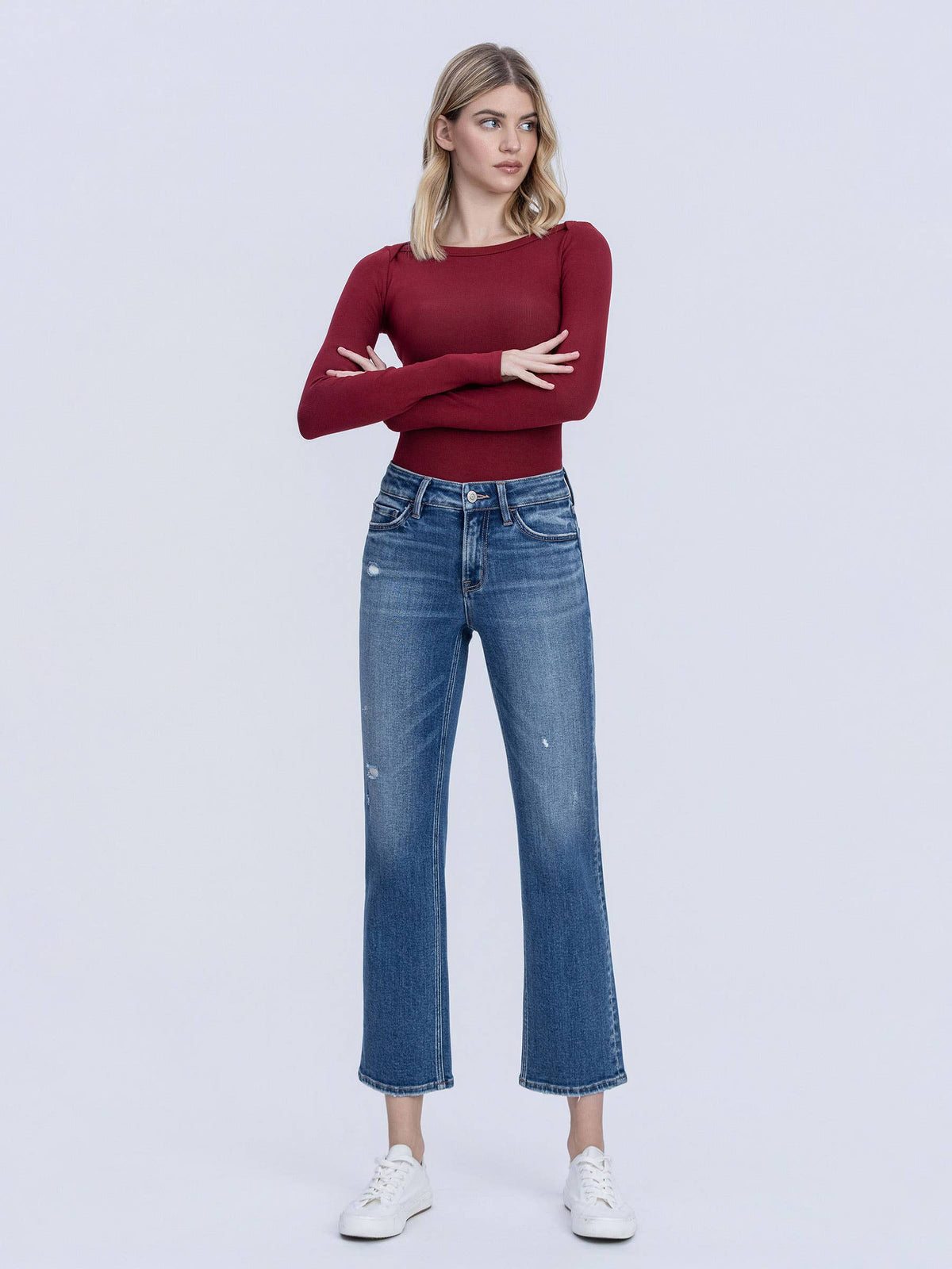 CARLY MID RISE MEDIUM DARK WASH ANKLE STRAIGHT JEANS T7242