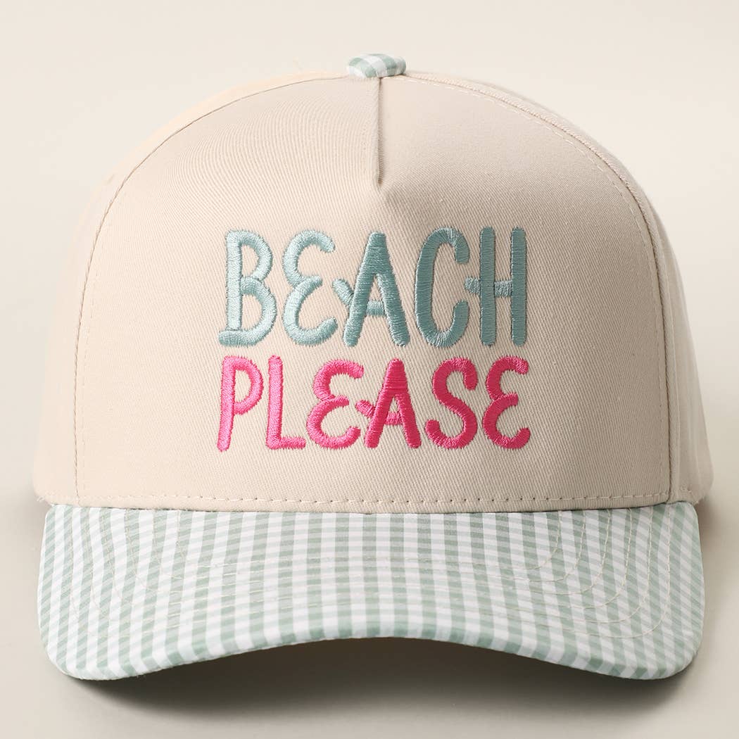 BEACH PLEASE Embroidered Gingham Brim Trucker Hat
