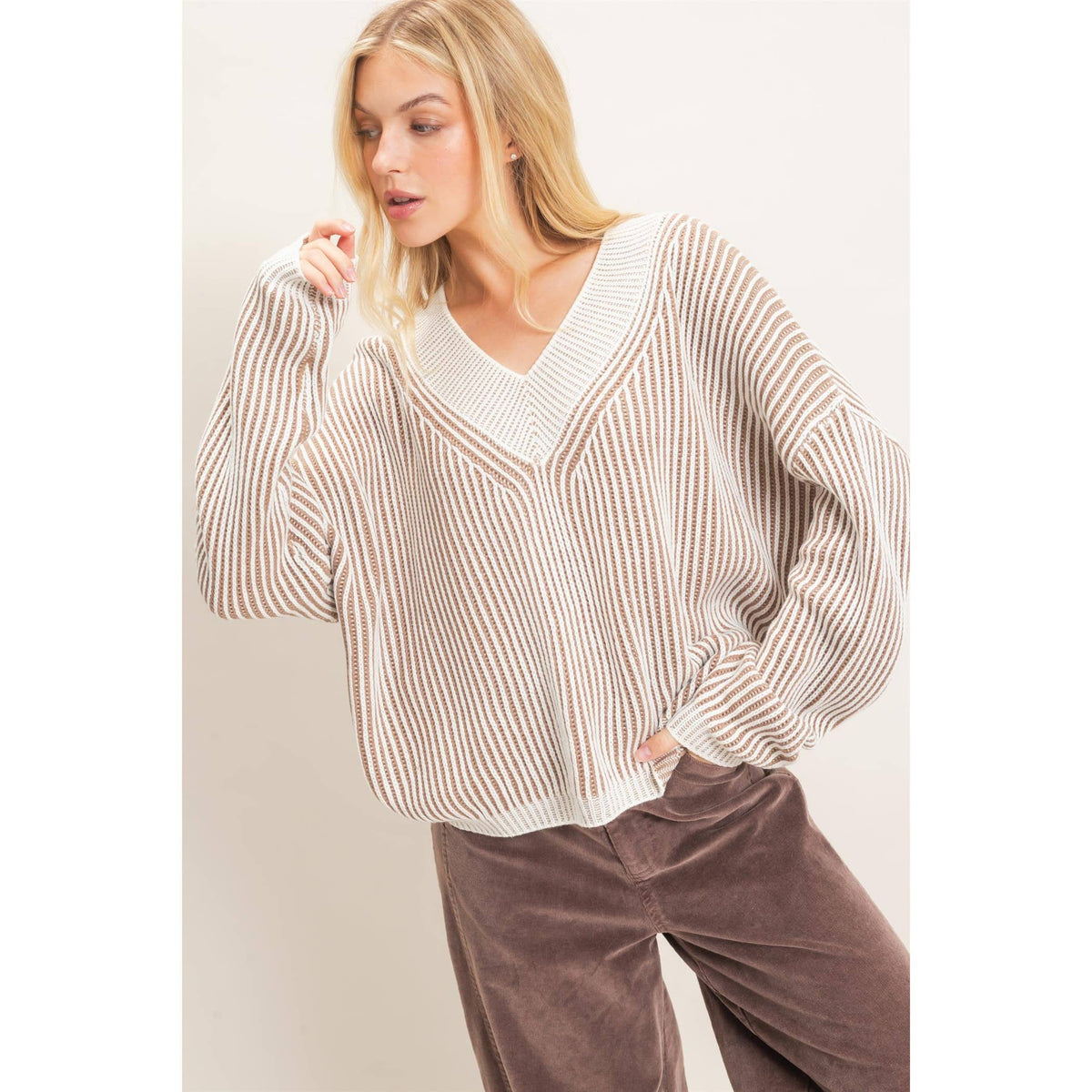 Striped V-Neck Ribbed Sweater