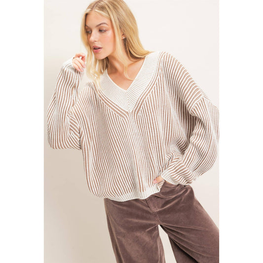 Striped V-Neck Ribbed Sweater