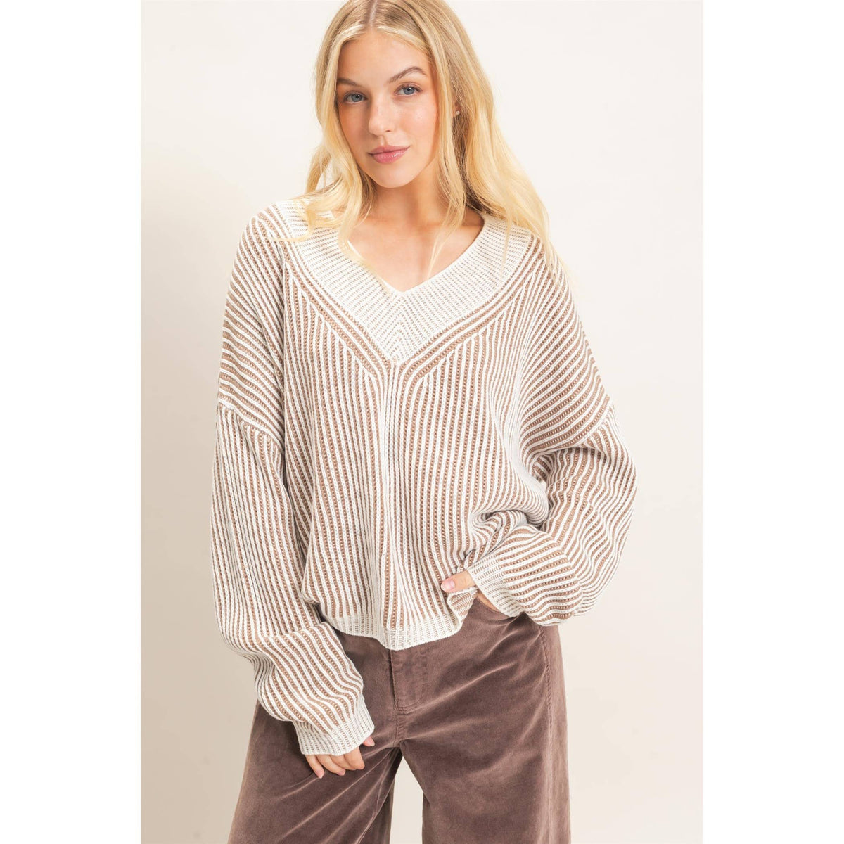 Striped V-Neck Ribbed Sweater