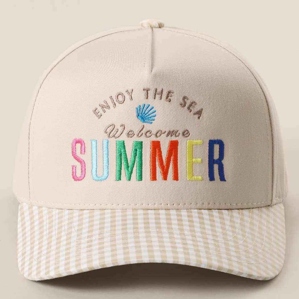 Welcome SUMMER Embroidered Gingham Trucker Hat