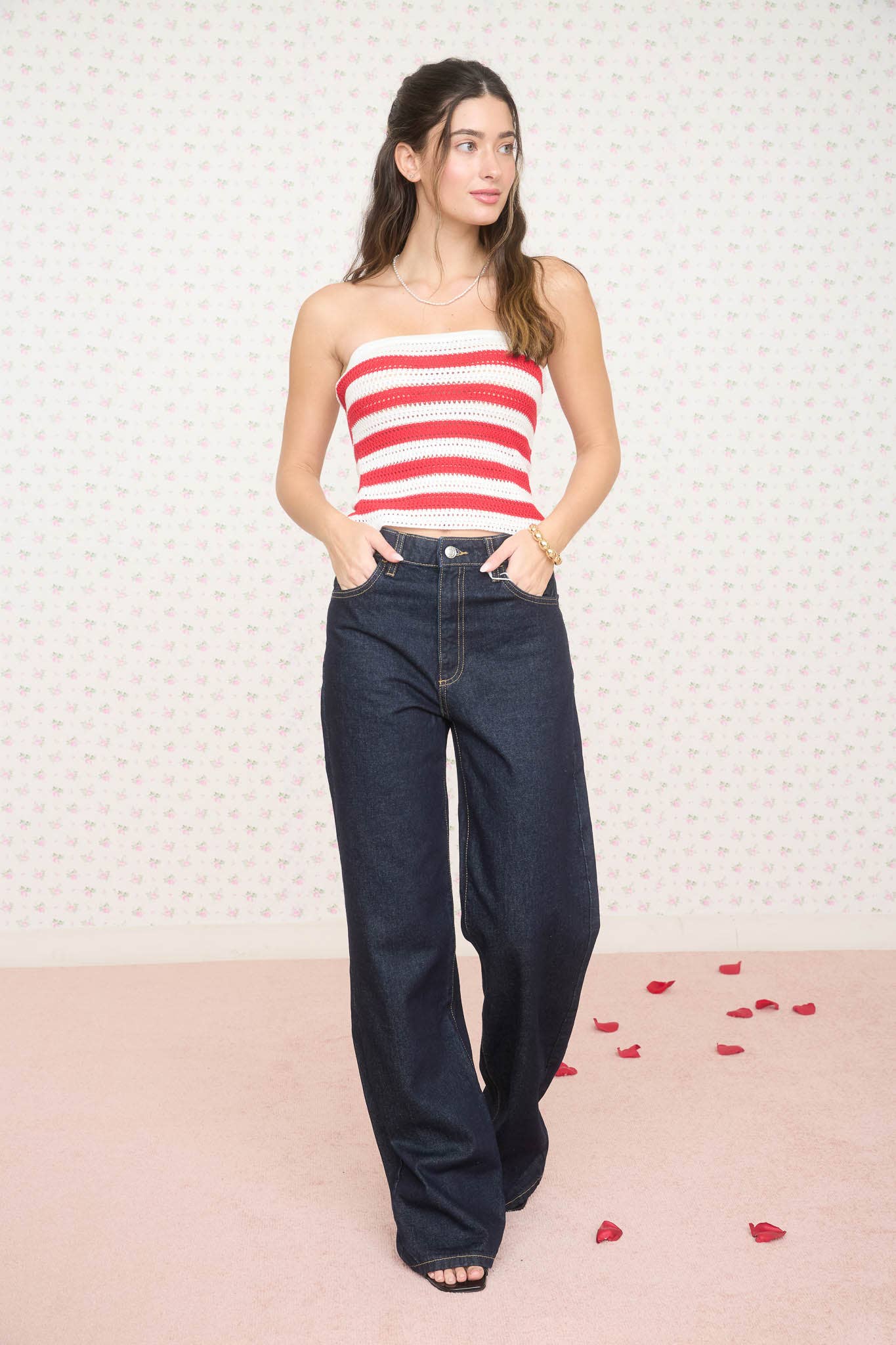 STRIPE STRAPLESS CROCHET KNIT TUBE TOP