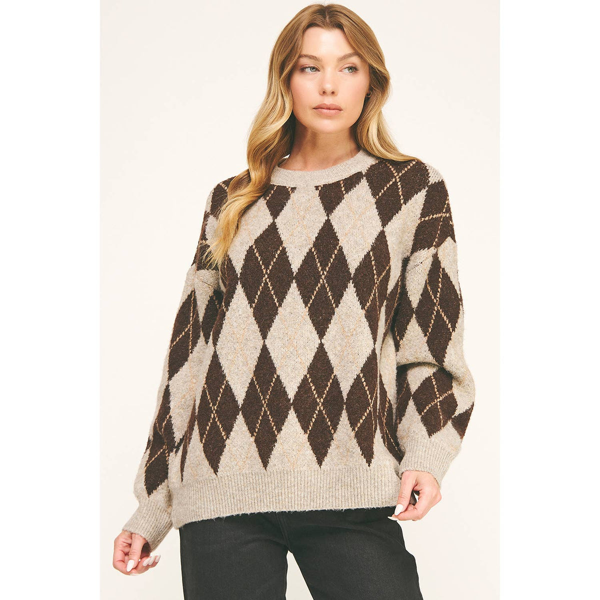 CHECKERED CREW NECK LONG SLEEVE PULLOVER SWEATER