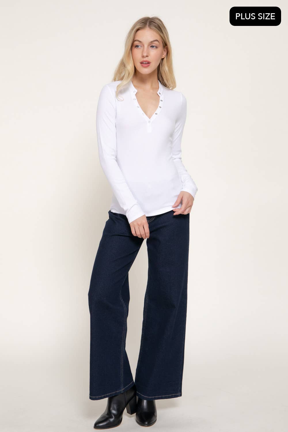 [PLUS SIZE] Long Sleeve Henley Neck Ribbed Top