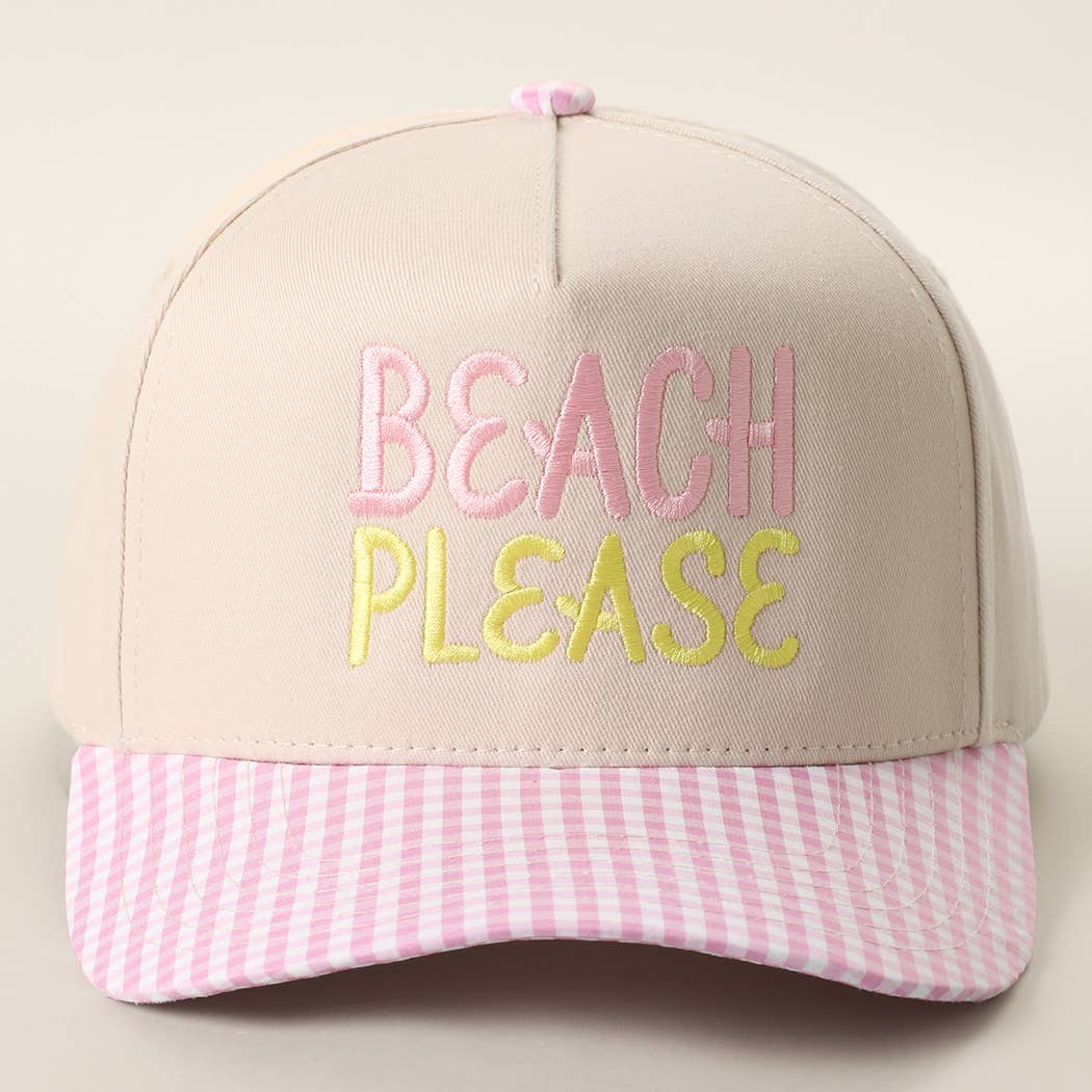 BEACH PLEASE Embroidered Gingham Brim Trucker Hat