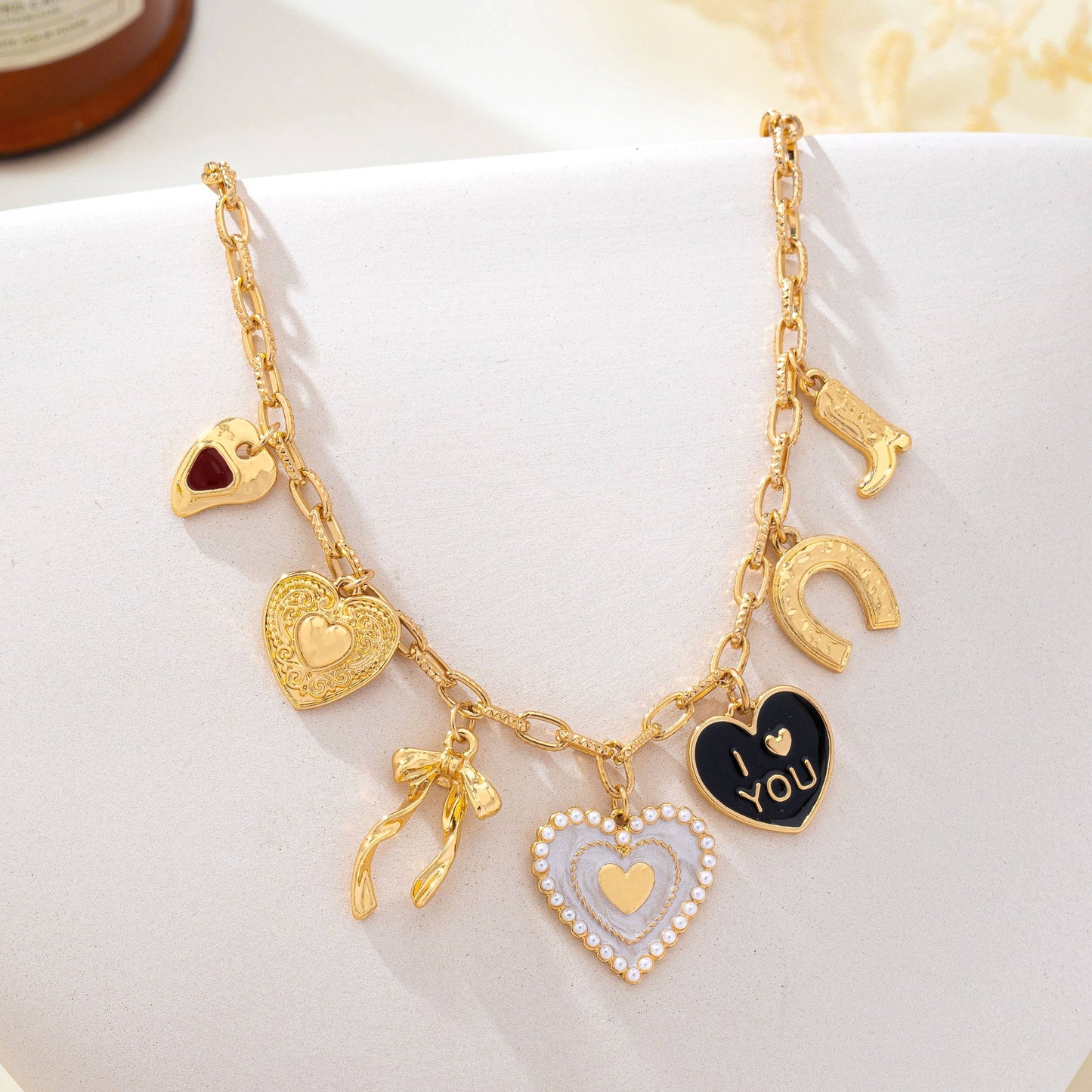 Heart Bow Boot Multi Charm Chain Necklace | 80N93190
