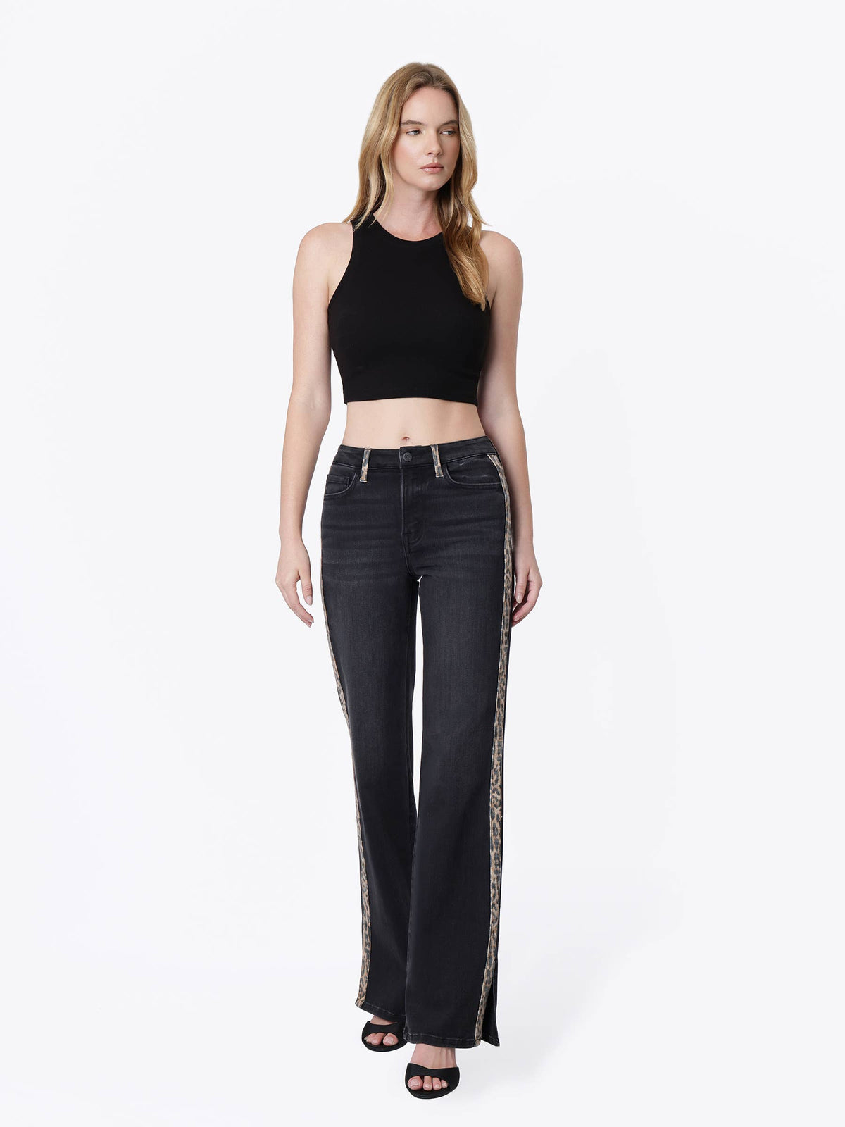 HIGH RISE SIDE LEOPARD STRIP VINTAGE FLARE JEANS T7595BKD