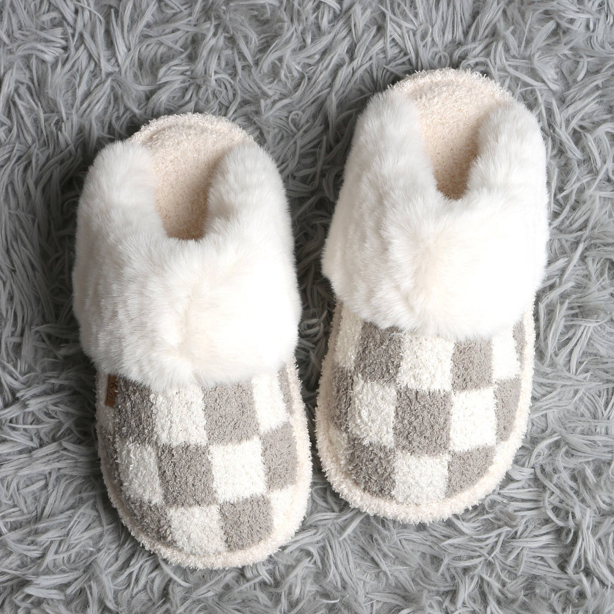 Checkered Faux Fur Cuff Mule Winter Slippers
