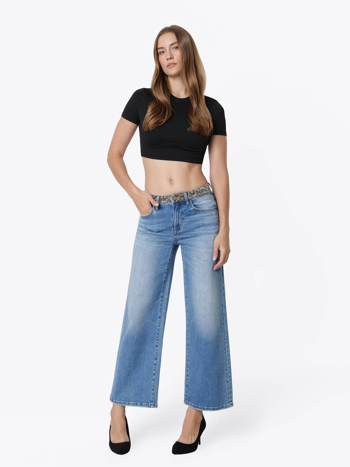 HIGH RISE LEOPARD PRINT WAISTBAND ANKLE WIDE JEANS T7630LPD