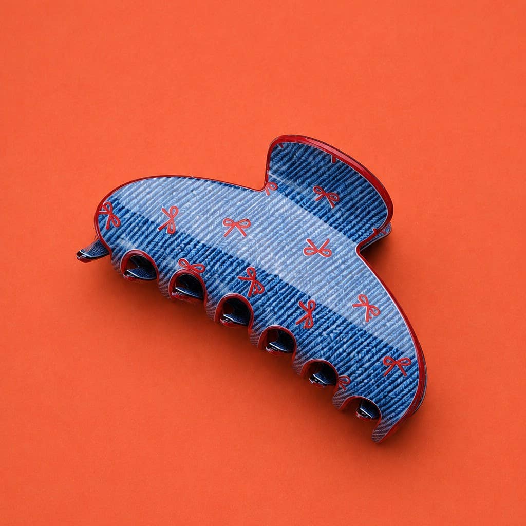 Denim Bow Print Oval Hair Claw Clip