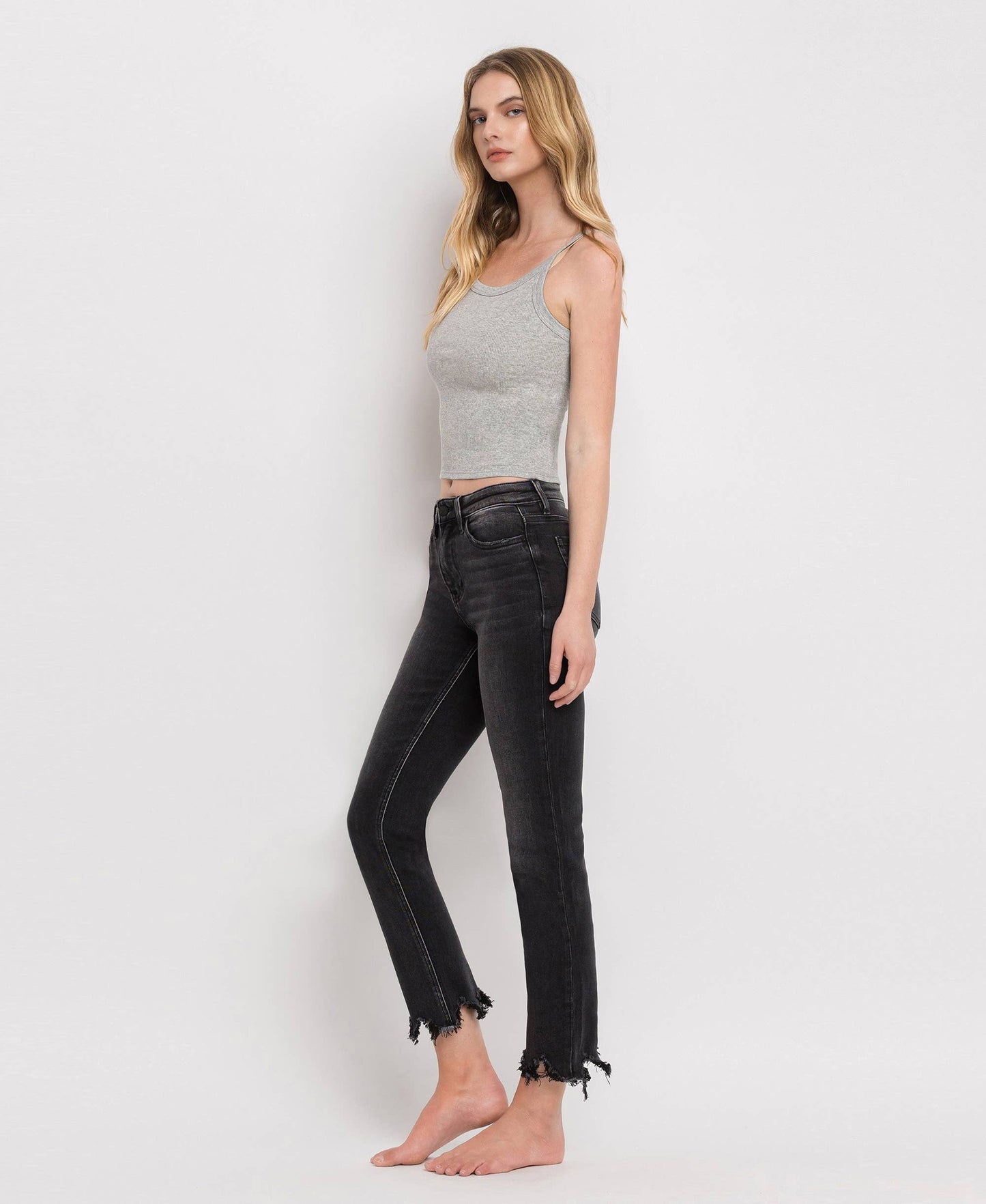 BLACK HIGH RISE DISTRESSED UNEVEN HEM SLIM STRAIGHT  JEANS