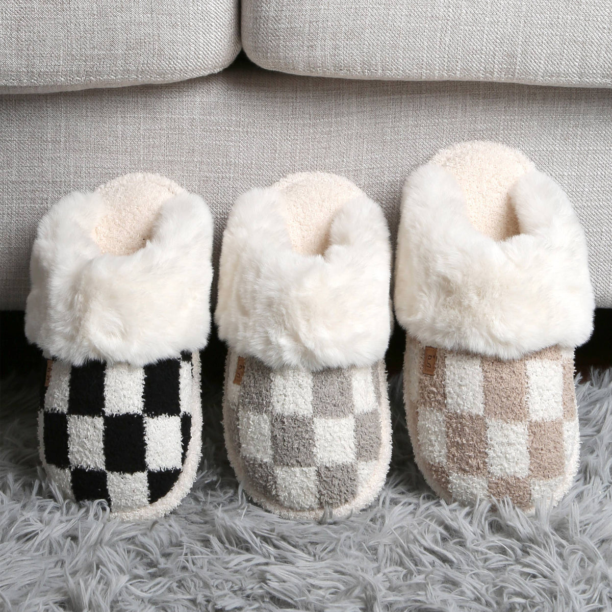 Checkered Faux Fur Cuff Mule Winter Slippers