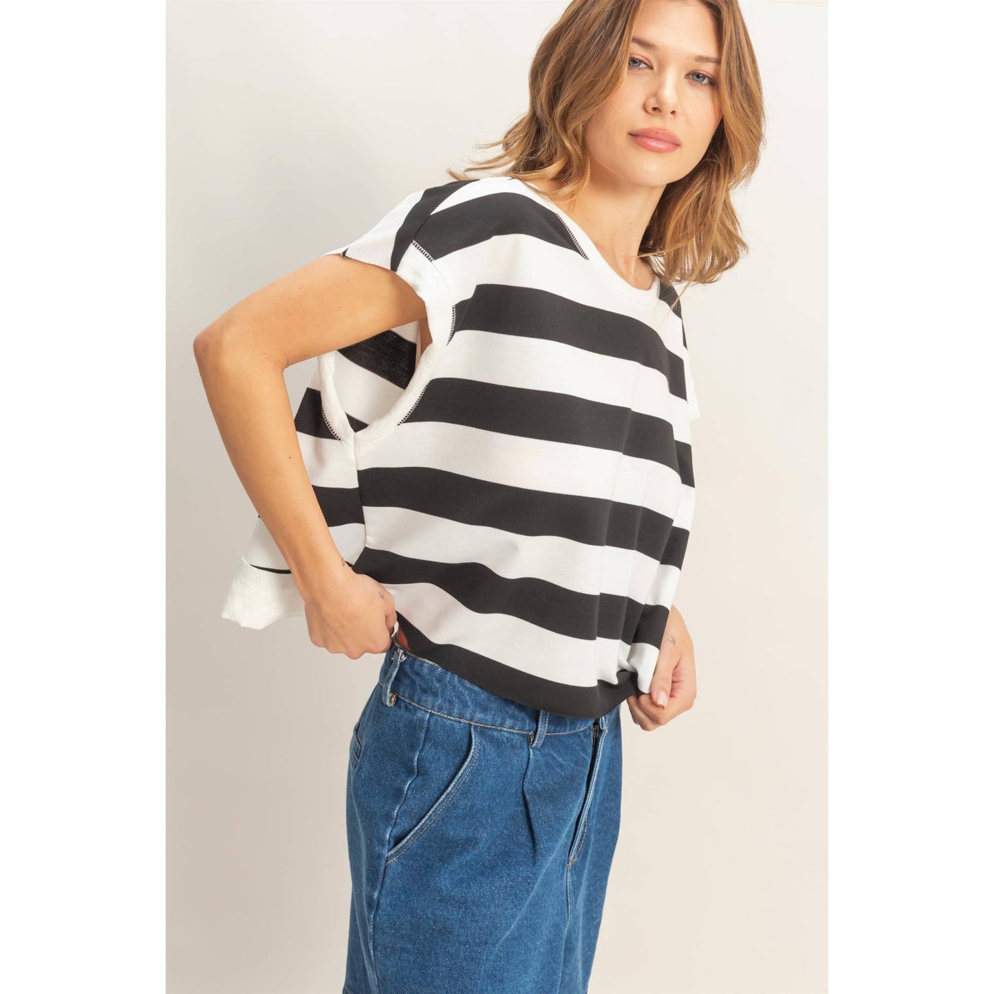Striped open backCrew Neck Top