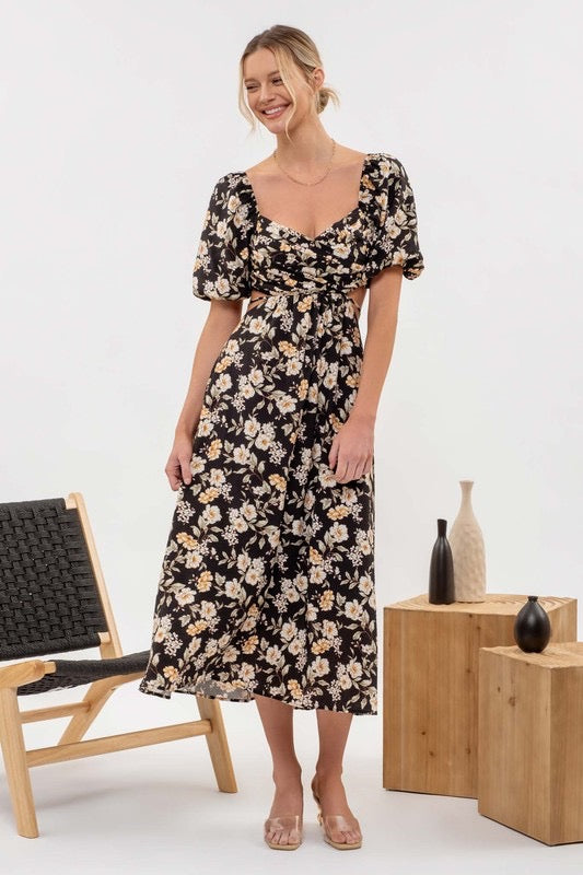 Puff sleeve open cut floral dress