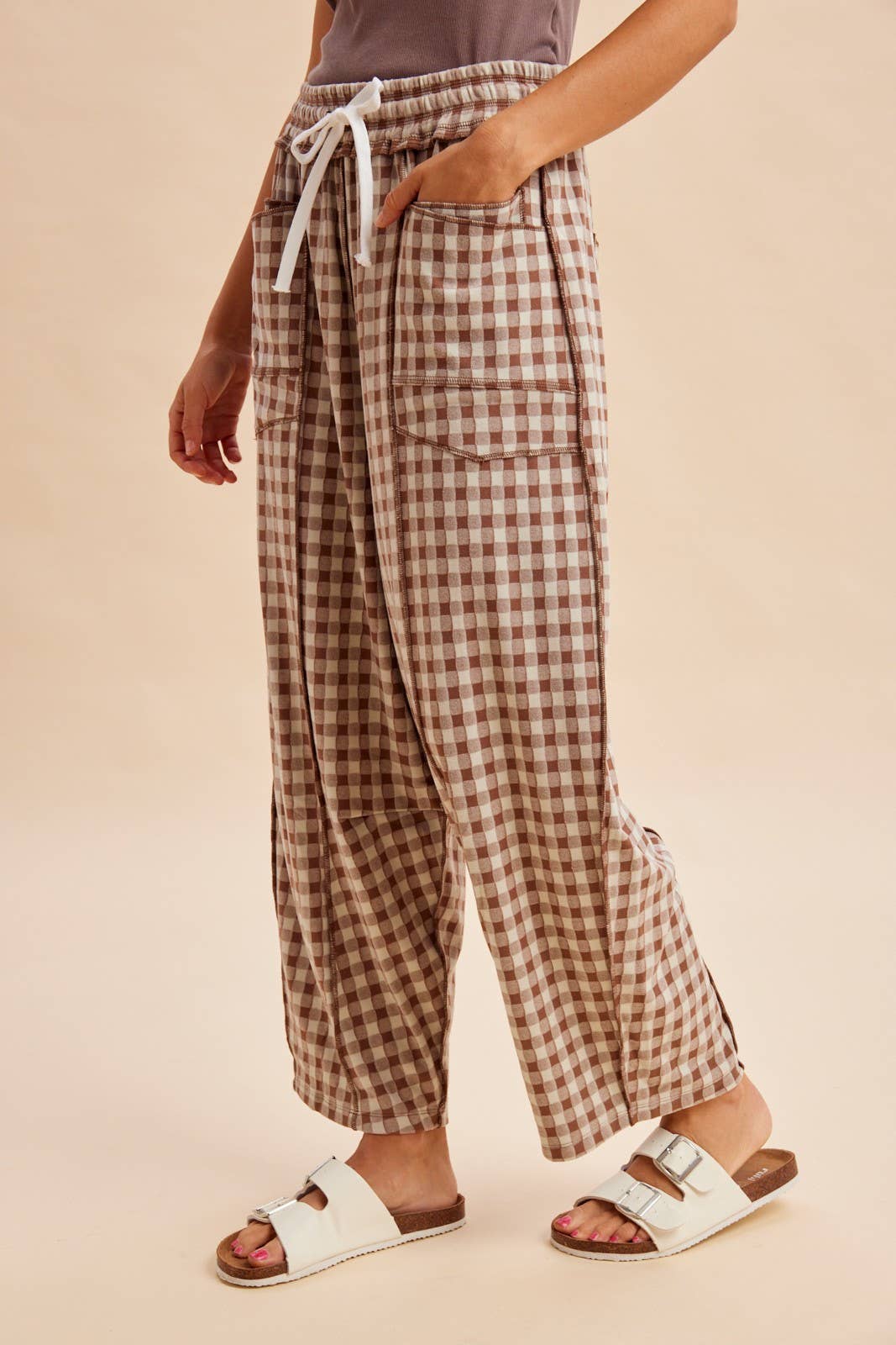 Soft Brushed Check Barrel Fit Utility Knit Pants