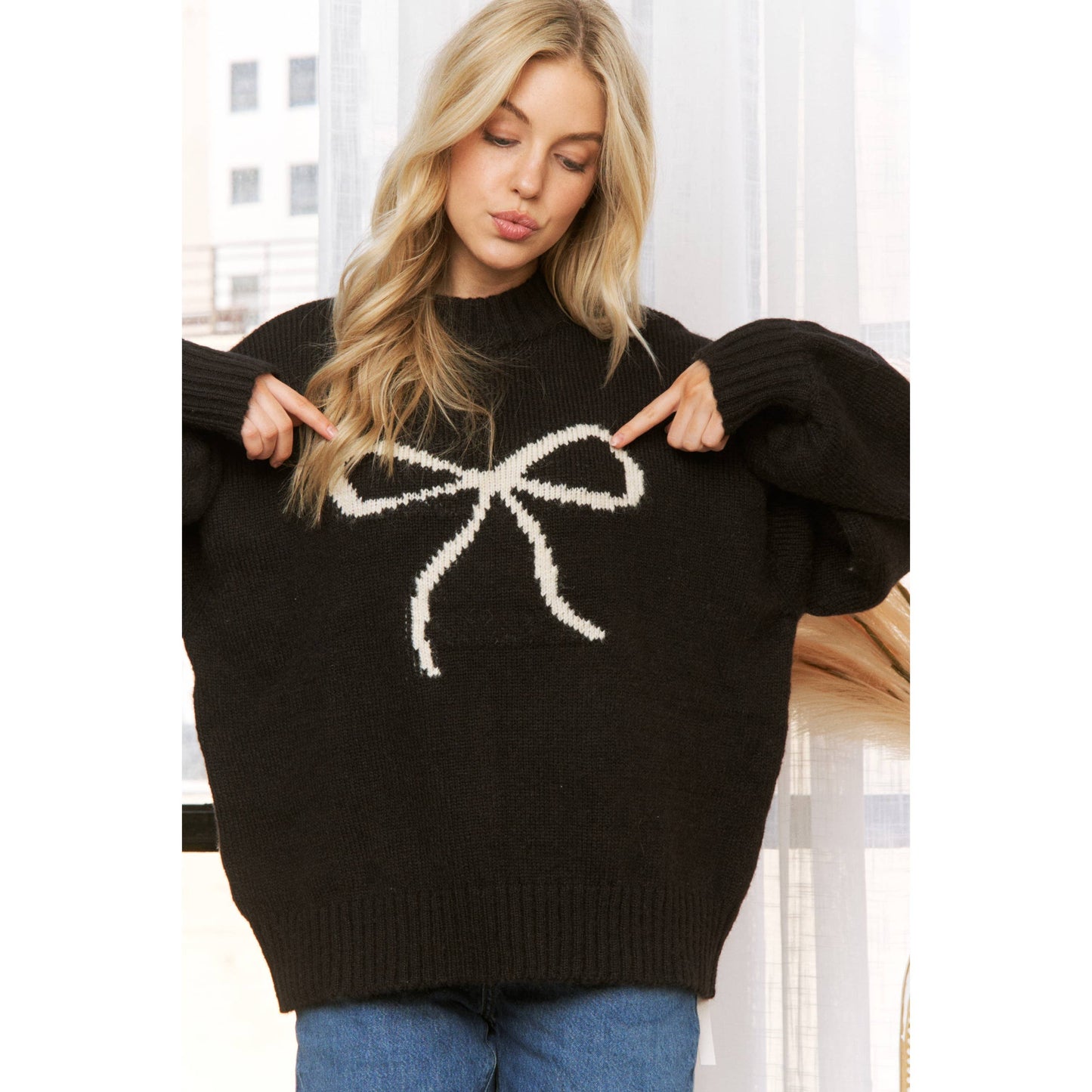 BIG BOW CONTRAST JAQUARD SWEATER PULLOVER