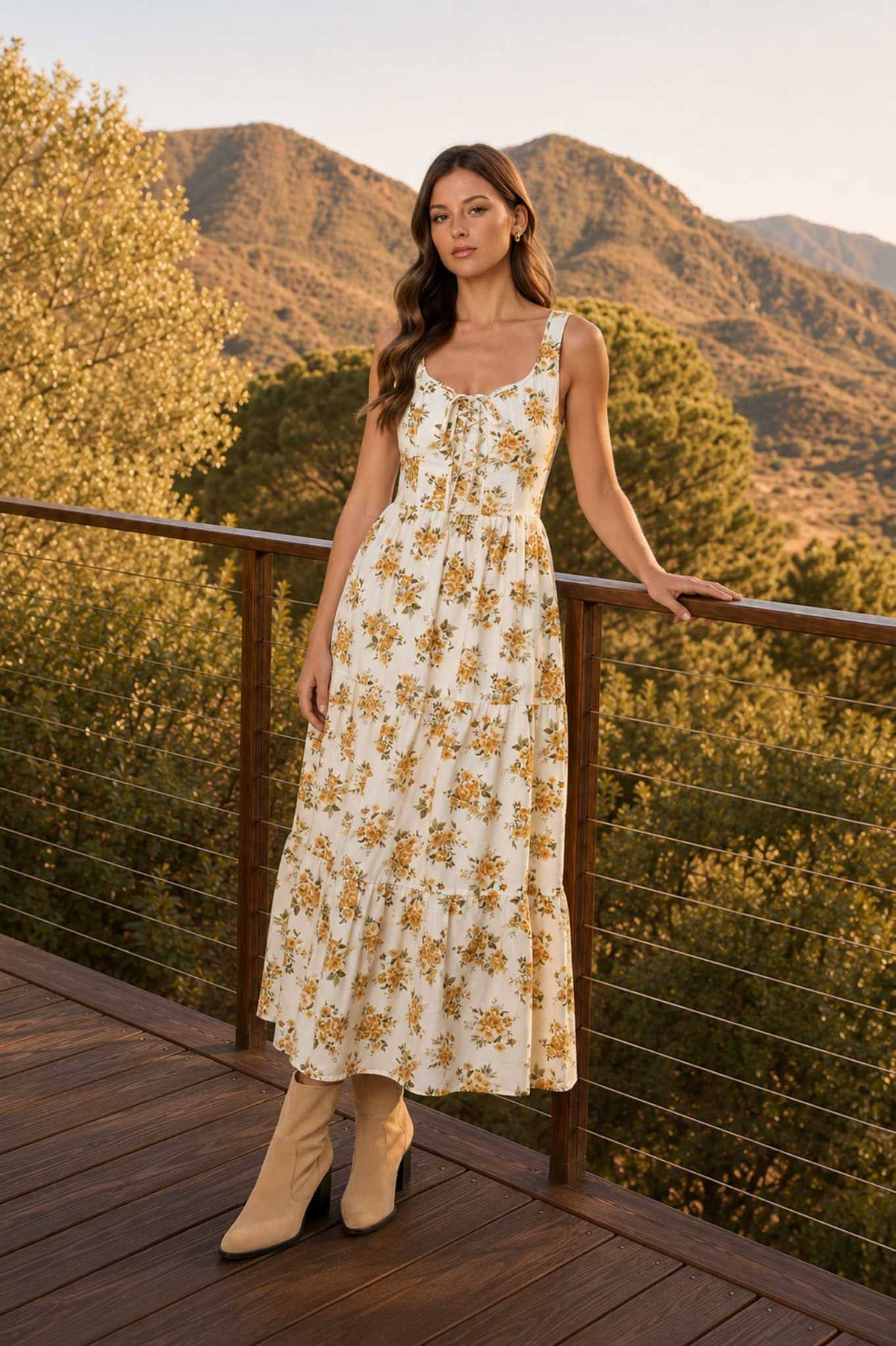 (PRE-ORDER)FLORAL FRONT LACE UP CORSET SLEEVELESS MIDI DRESS