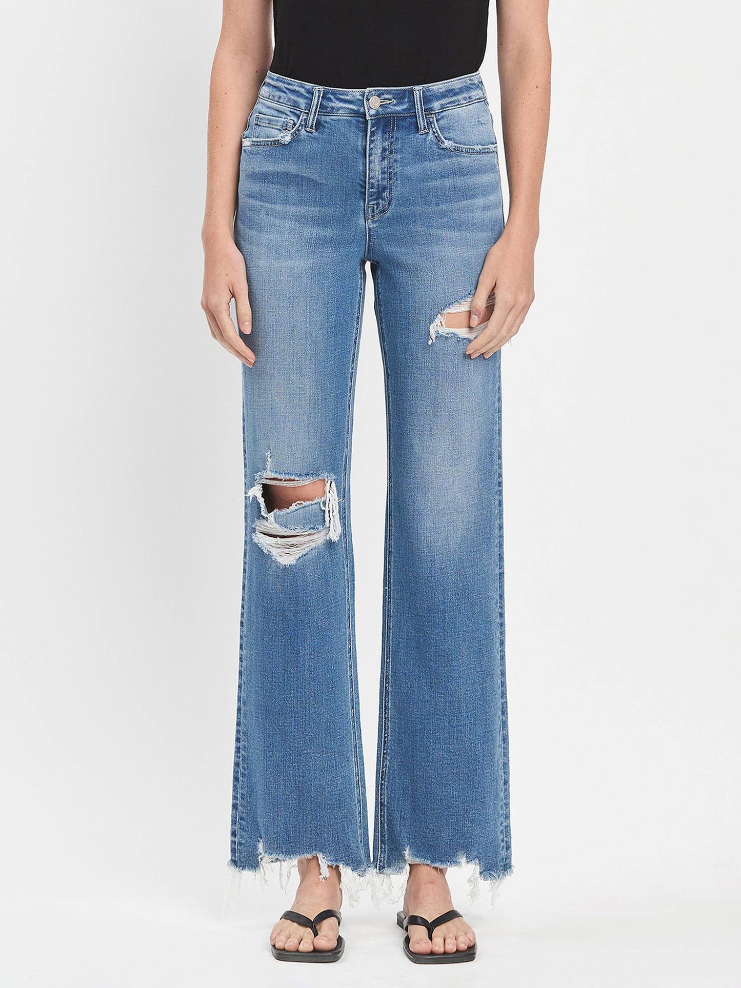 ALIYAH HIGH RISE MEDIUM WASH DISTRESSED SLIM WIDE JEANS