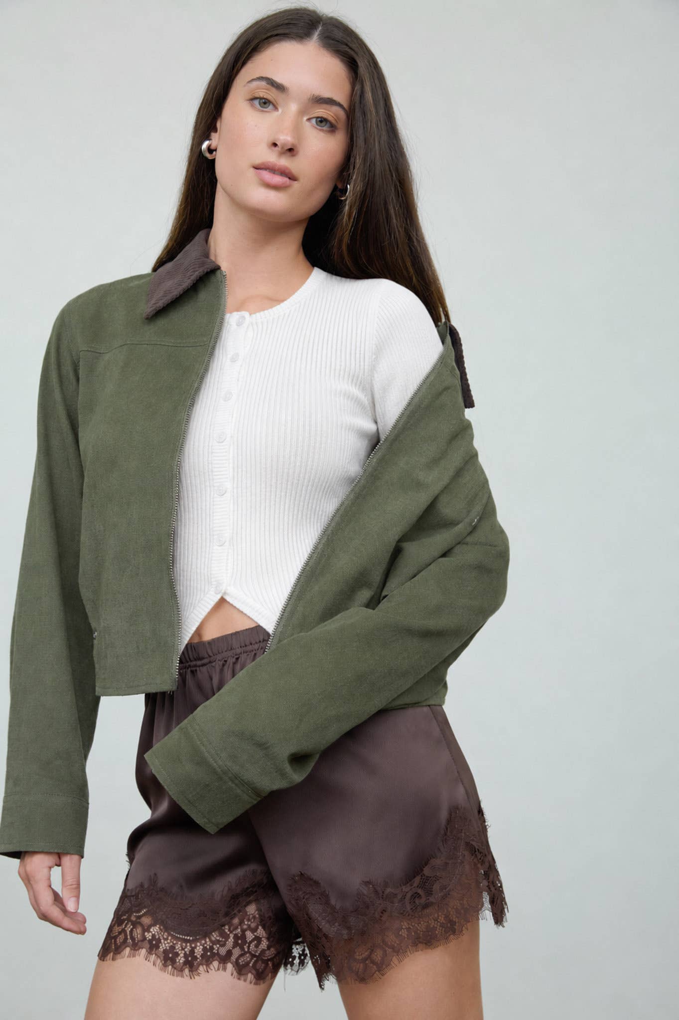 CONTRAST CORDUROY COLLAR ZIP-UP JACKET