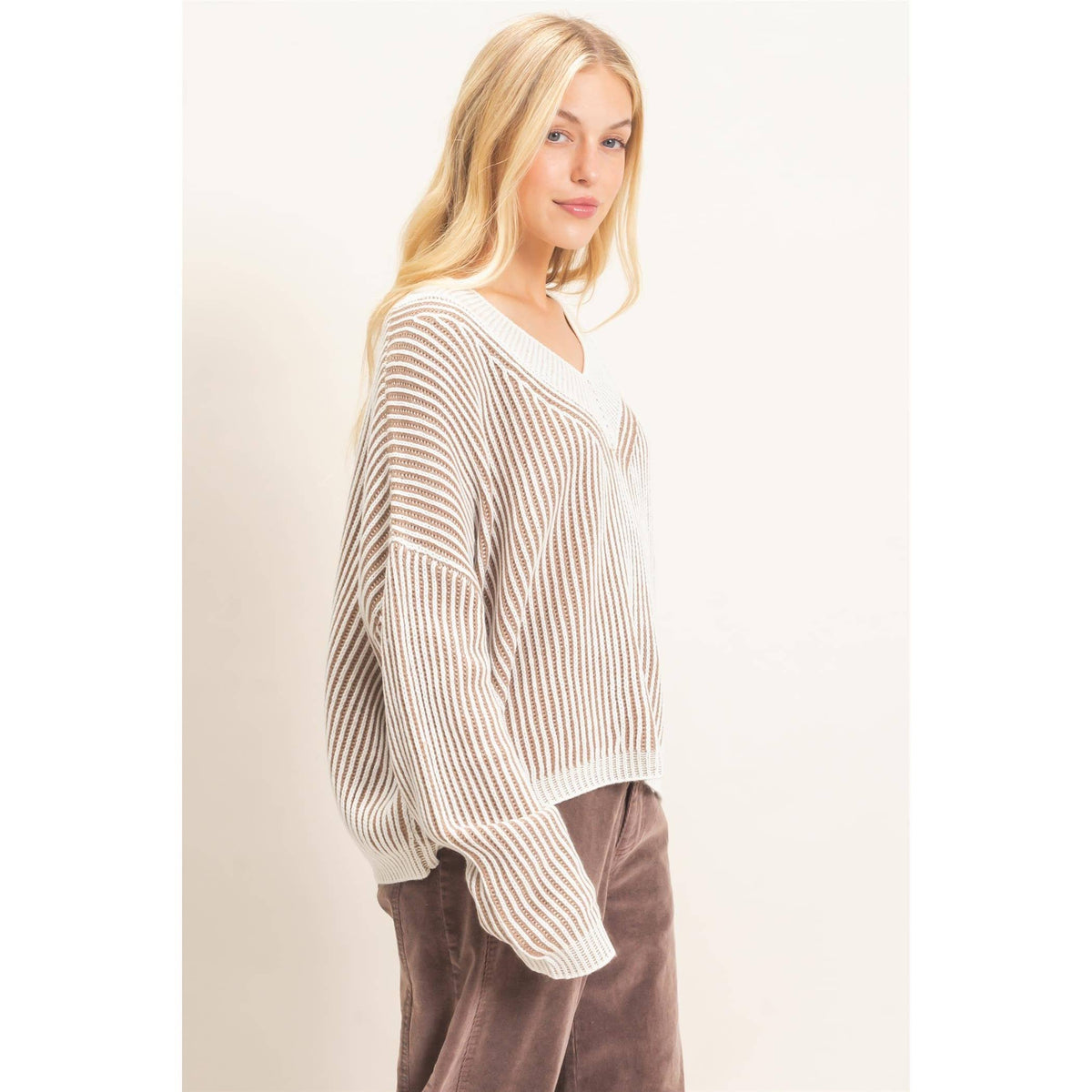 Striped V-Neck Ribbed Sweater
