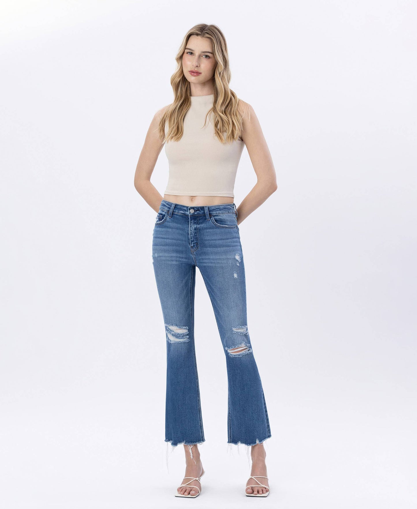 MARIAH HIGH RISE MEDIUM WASH DISTRESSED KICK FLARE JEANS