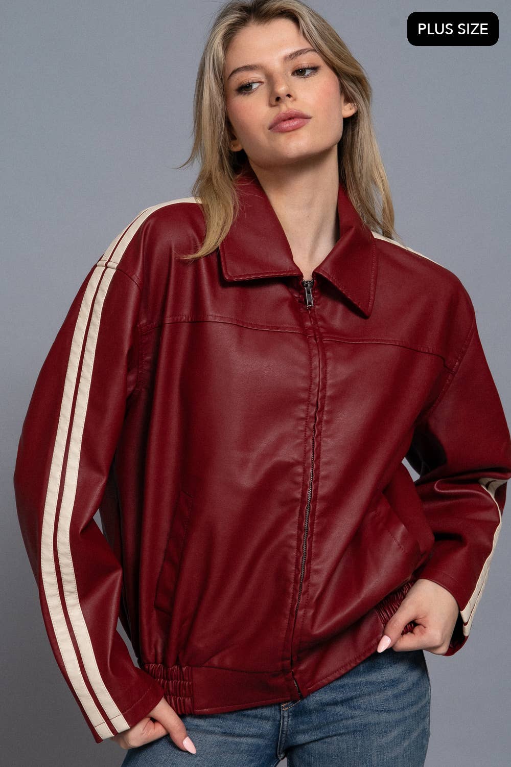 [PLUS SIZE] Long Sleeve Line Detail Faux Leather Jacket
