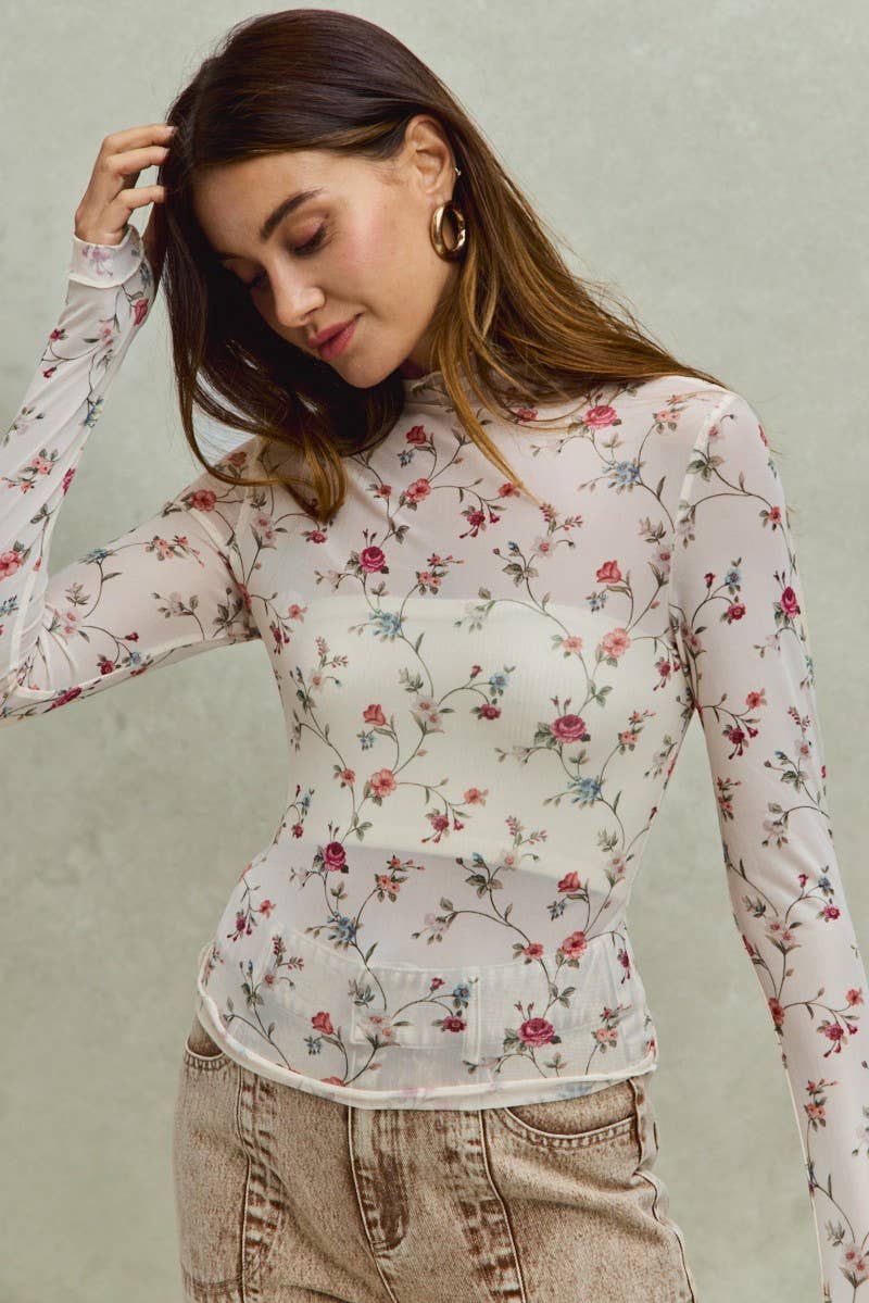 Floral Mesh Print Long Sleeve Knit Top